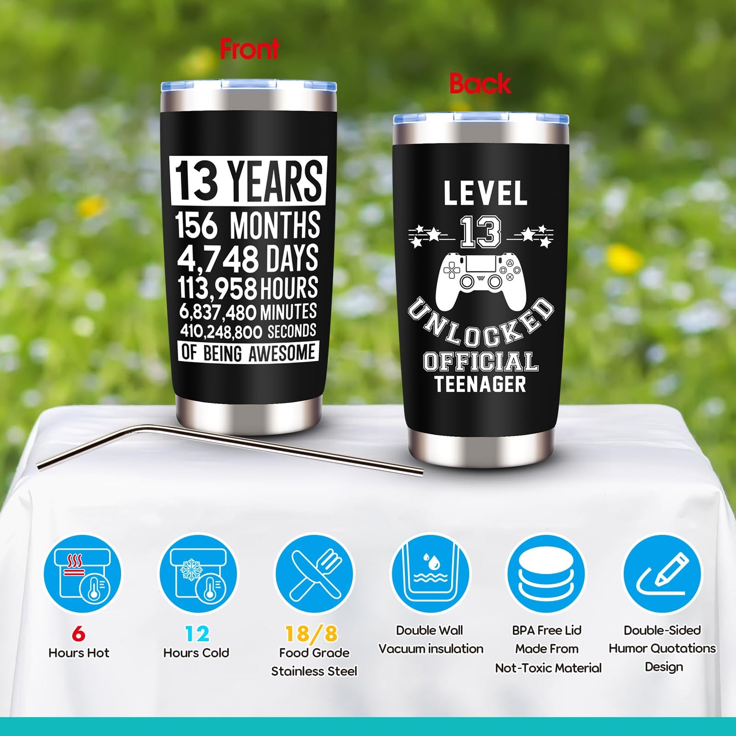 JTAMOHI 8 Pcs Happy 13th Birthday Gifts for Boys, 13 Year Old Boy Birthday Gifts Ideas with 20 Oz Tumbler, Funny Socks, Toilet Paper, Teen Wallet, Bracelet, Keychain for Son, Nephew, Grandson, Brother