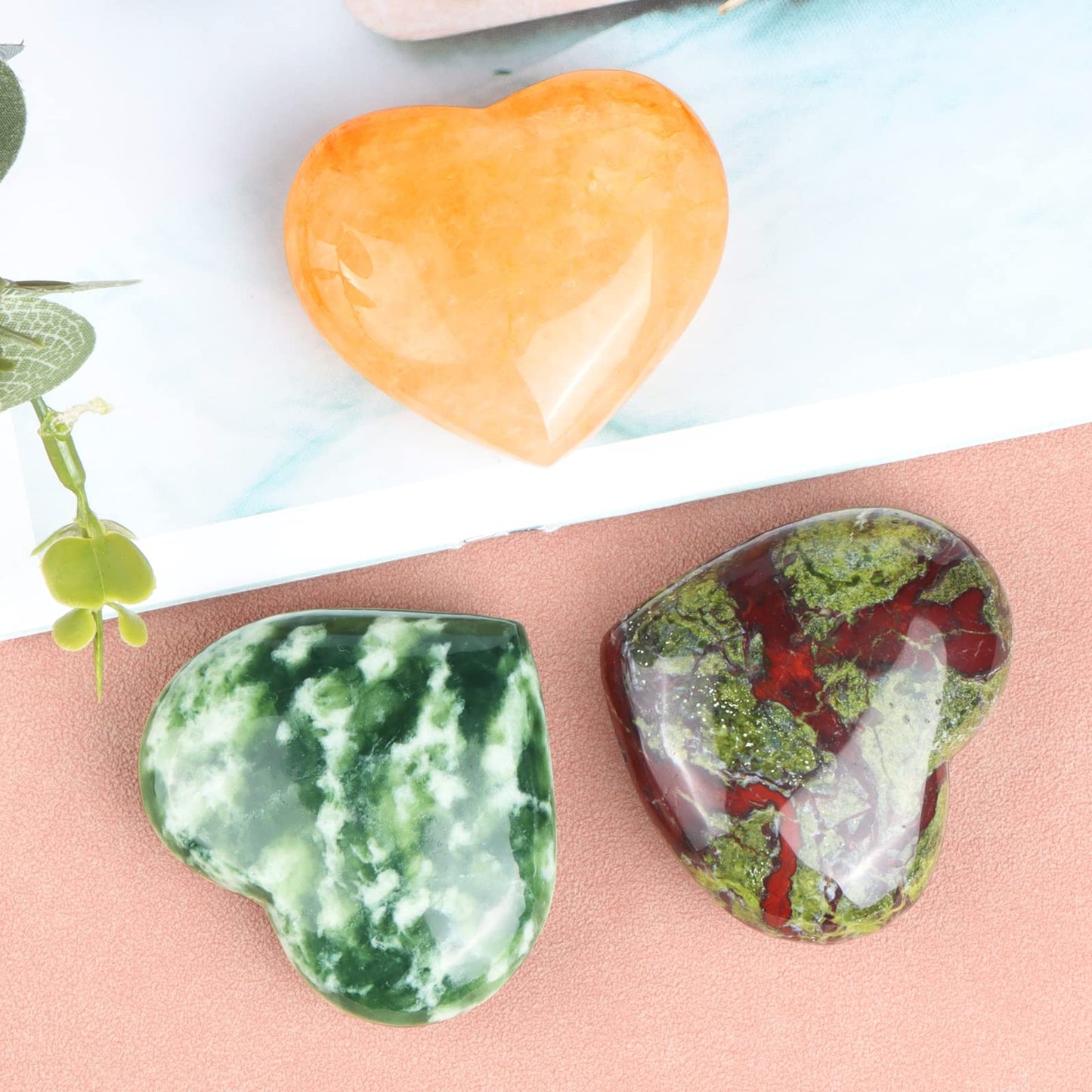 SMQ 60mm Dragon Blood Stone Crystal Heart Worry Stone Hand Carved Polished Gemstone Pocket Chakra Palm Love Worry Stones for Spiritual Healing Meditation