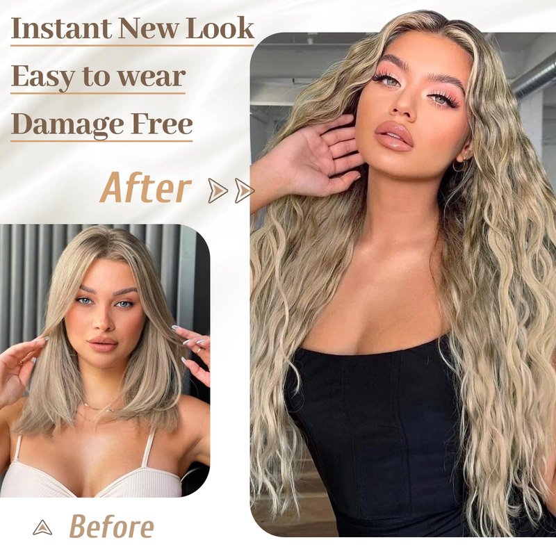 KooKaStyle Hair Extensions, 7PCS Clip in Long Mermaid Wavy Hair Extensions Thick Natural Hairpieces Double Weft for Women Full Head (20 Inch, Dirty Blonde)