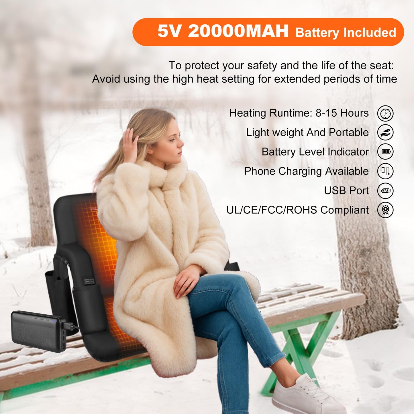 Moteoza Heated Bleacher Seat with Backrest with 5V 20000mAh Battery Heated Stadium Seats for Bleachers with Back Support Wide 25" Heated Stadium Chair 6 Reclinng Positions 3 Heating Levels 2PCS