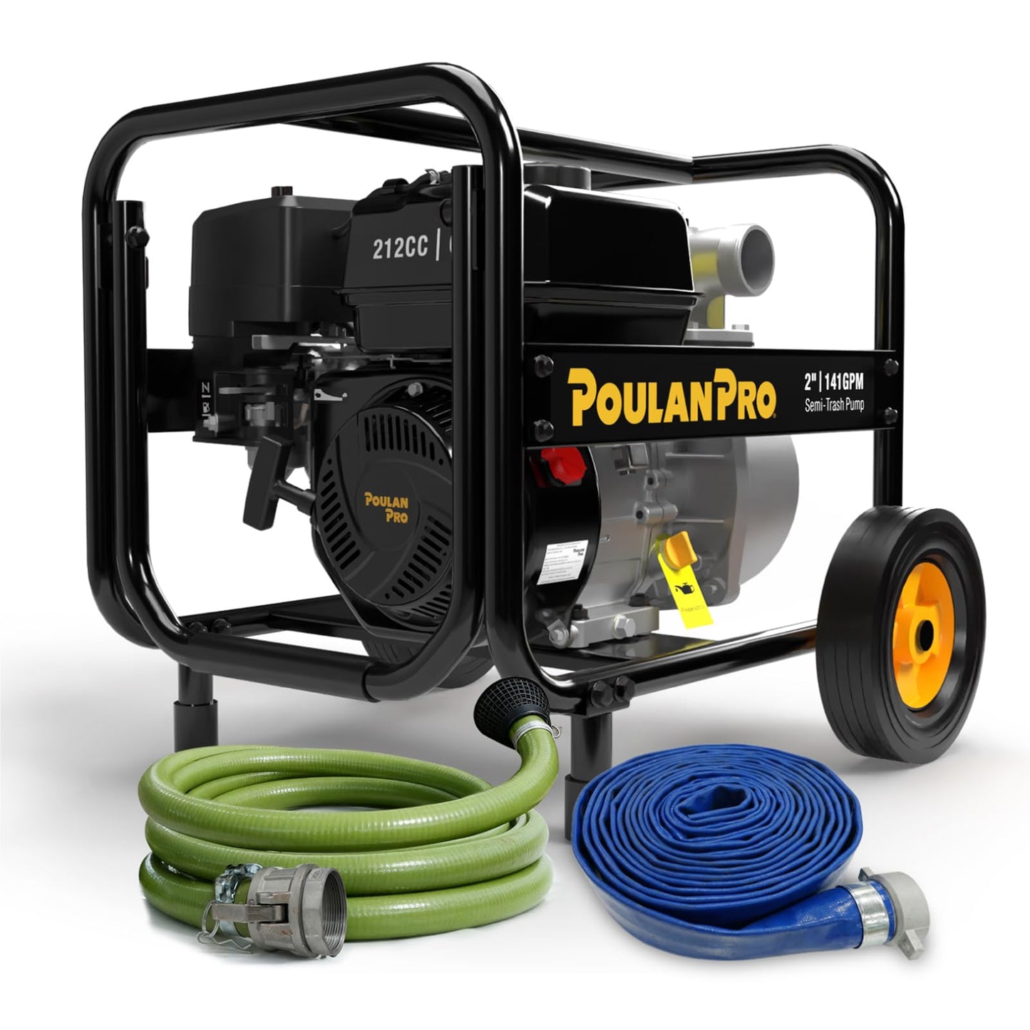 Poulan Pro Semi Trash Pump 2-Inch with Hose Kit, 50ft Discharge Hose, 12ft Suction Hose, 100ft Lift, 23ft Suction Gas Powered Water Pump with Wheels & Handle for Pond, Sewage, and Pool