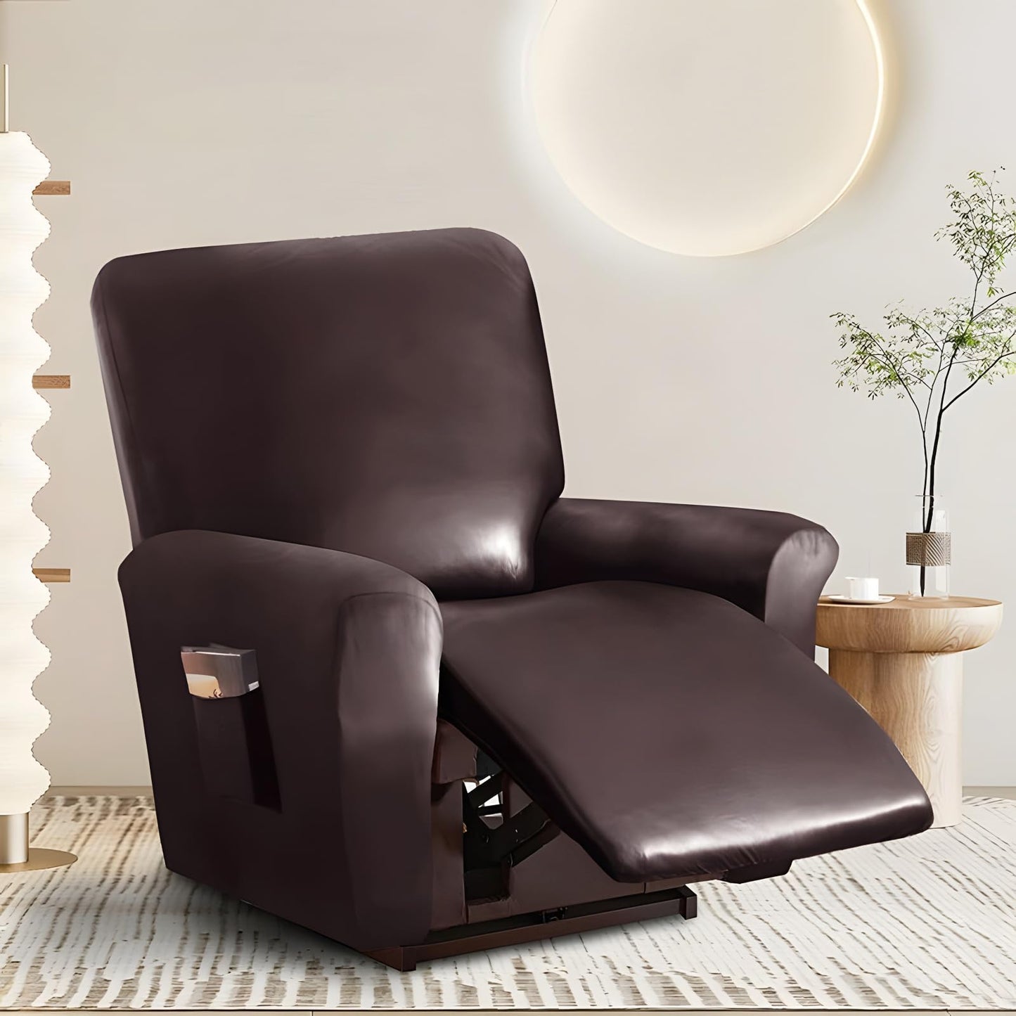 JOKIVTOU 1/2/3 Seats PU Leather Stretch Recliner Cover Sofa Cover with Side Pockets Waterproof Slipcover Recliner Couch Cover Furniture Protector with Elastic Bottom Living Room