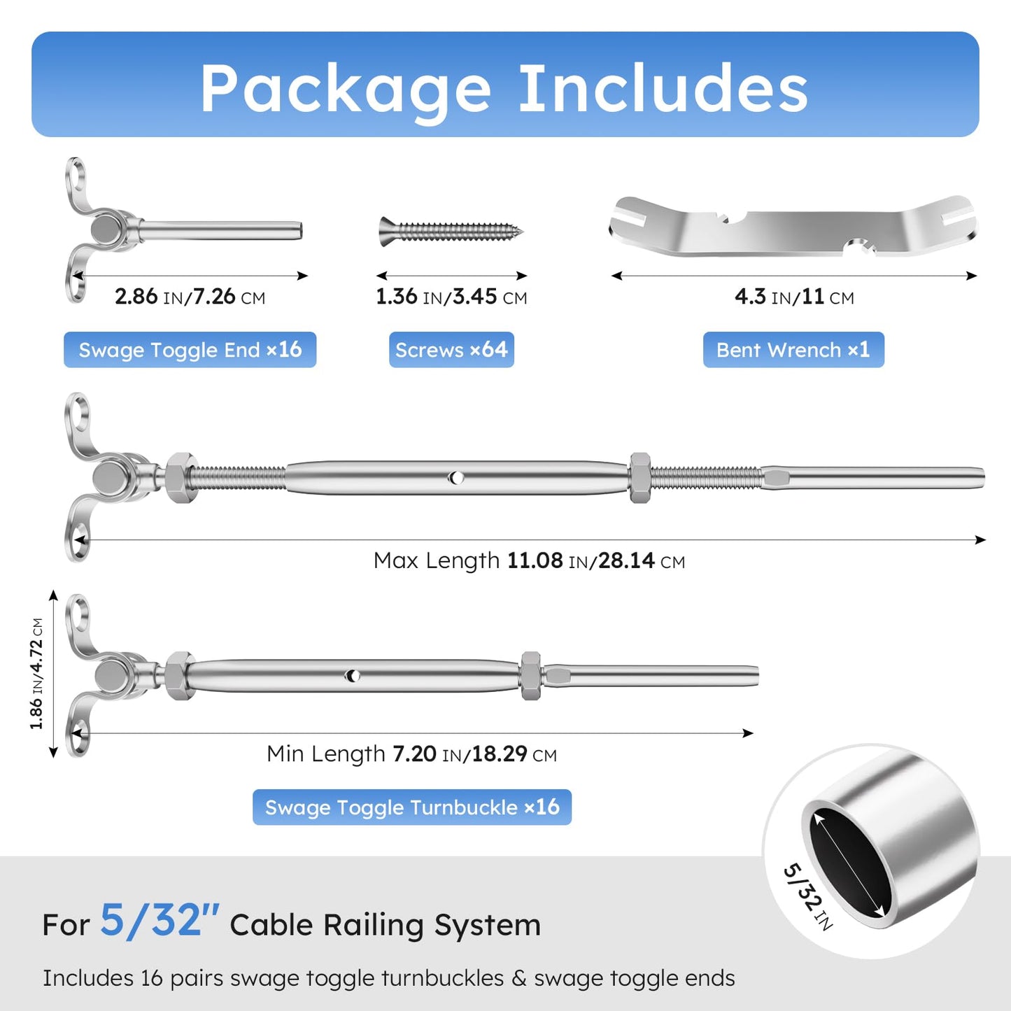 KALLSDY 16 Pairs Stainless Steel Cable Railing Kit Fit 5/32" Wire Rope, Angle 180°Adjustable Swage Toggle Turnbuckle Tensioner and End Fitting, T316 Marine-Grade Cable Railing Hardware for Wood Post