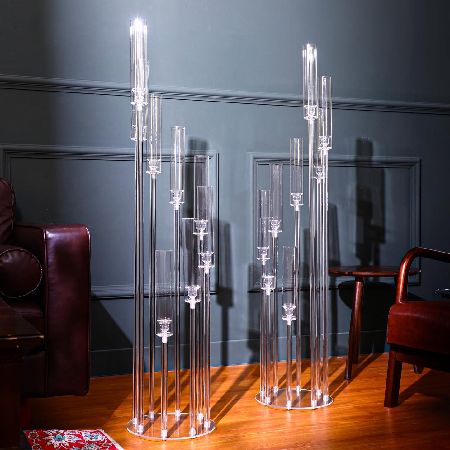Vesici 2 Pcs 8 Arm Acrylic Candelabra Centerpieces for Tables 49.6 x 11 Inch Candlesticks Holder Clear Acrylic Candle Holder for Wedding Ceremony Floor Home Dinner Party, Fit 0.8" LED Candle"