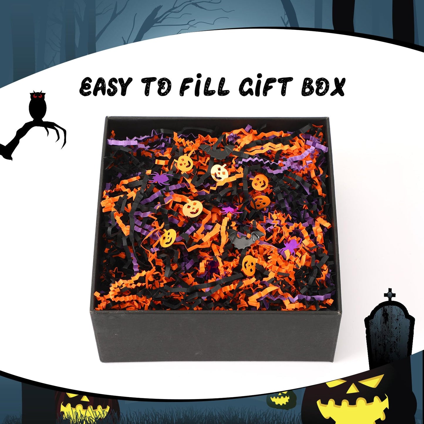 Jansun Halloween Black Orange Purple Crinkle Cut Paper and Confetti, 453g/16oz Shred Filler with Pumpkin Spider Bat Confetti for Gift Wrapping Craft DIY Basket Filling Trick or Treat Candy Decorations