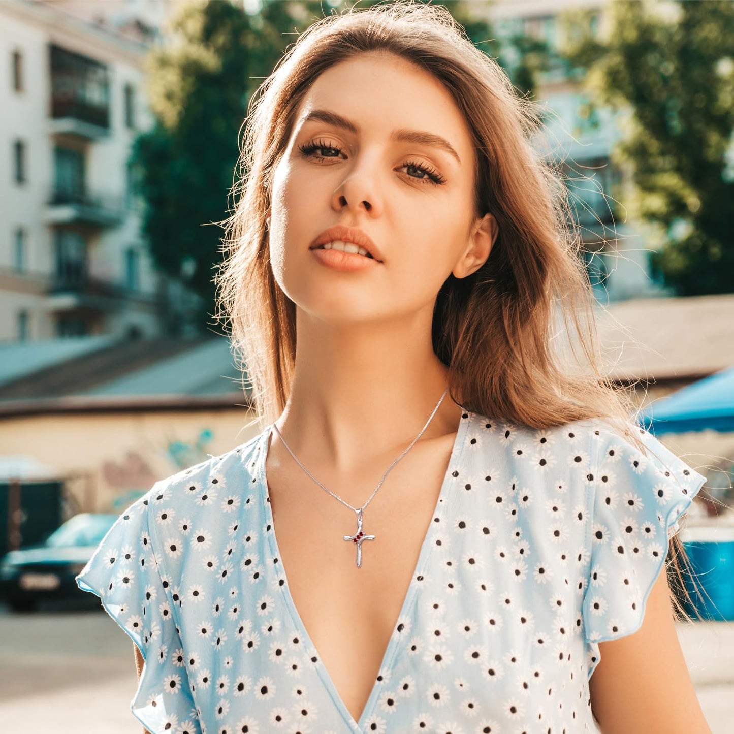 EVERU S925 Sterling Silver Cross Necklace for Women Birthstone Necklace with Cubic Zirconia 18K Gold Plated Cross Pendant Jewelry Ideal Gift Red Garnet January