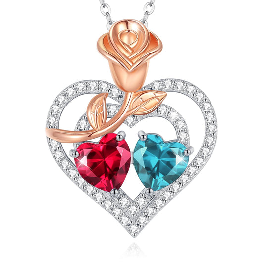 AGVANA July December Birthstone Jewelry Ruby Blue Topaz Necklace Sterling Silver Rose Flower Heart Double Birthstone Pendant Necklace Anniversary Birthday Gifts for Women Mom Wife Lady Her