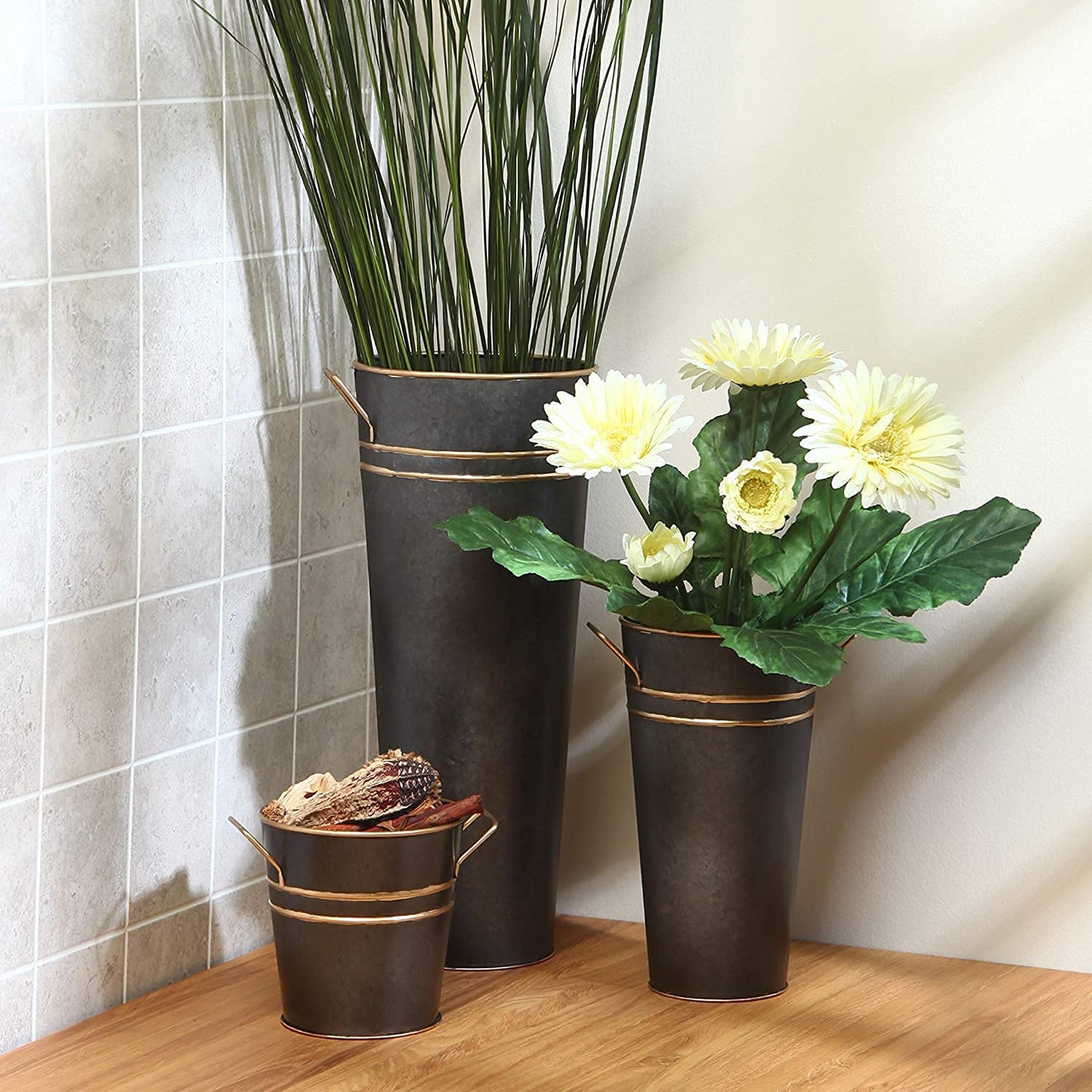 Hosley Set of 4 Metal Vases with Zinc Finish 9 Inch High Ideal Gift for Wedding Special Occasion Home Office Dried Floral Arrangements