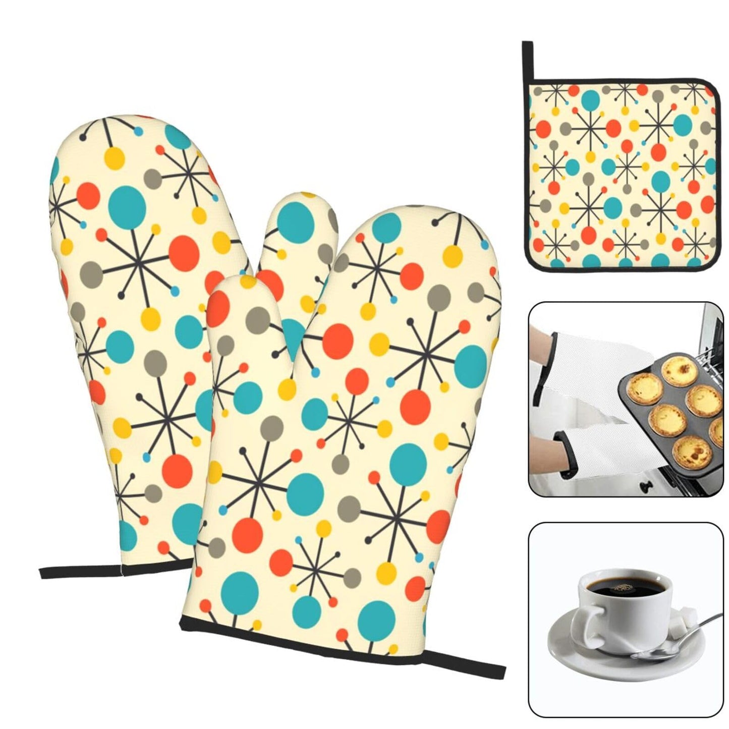 Mid Century Fifties Modern Atomic Retro Oven Mitts and Pot Holders Sets of 3, Yellow Kitchen Decor or Accessories, Heat Resistant Hot Pads Oven Gloves,Cooking Grilling Baking Gifts for Women