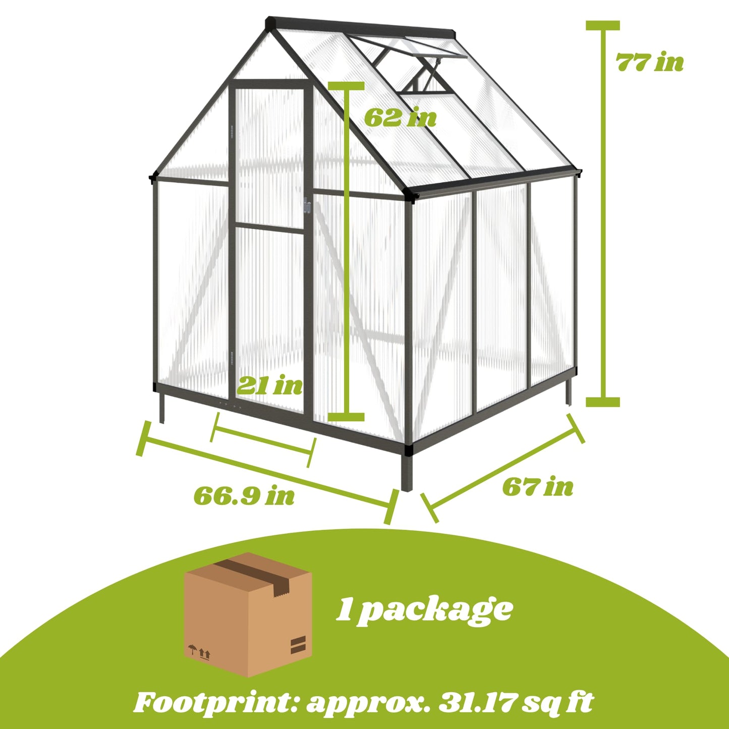 Jiliusure 6 x 6 FT Greenhouse for Outdoors, Polycarbonate Greenhouse with Quick Setup Structure and Roof Vent, Aluminum Large Walk-in Green House for Outside Garden Backyard, Charcoal Black