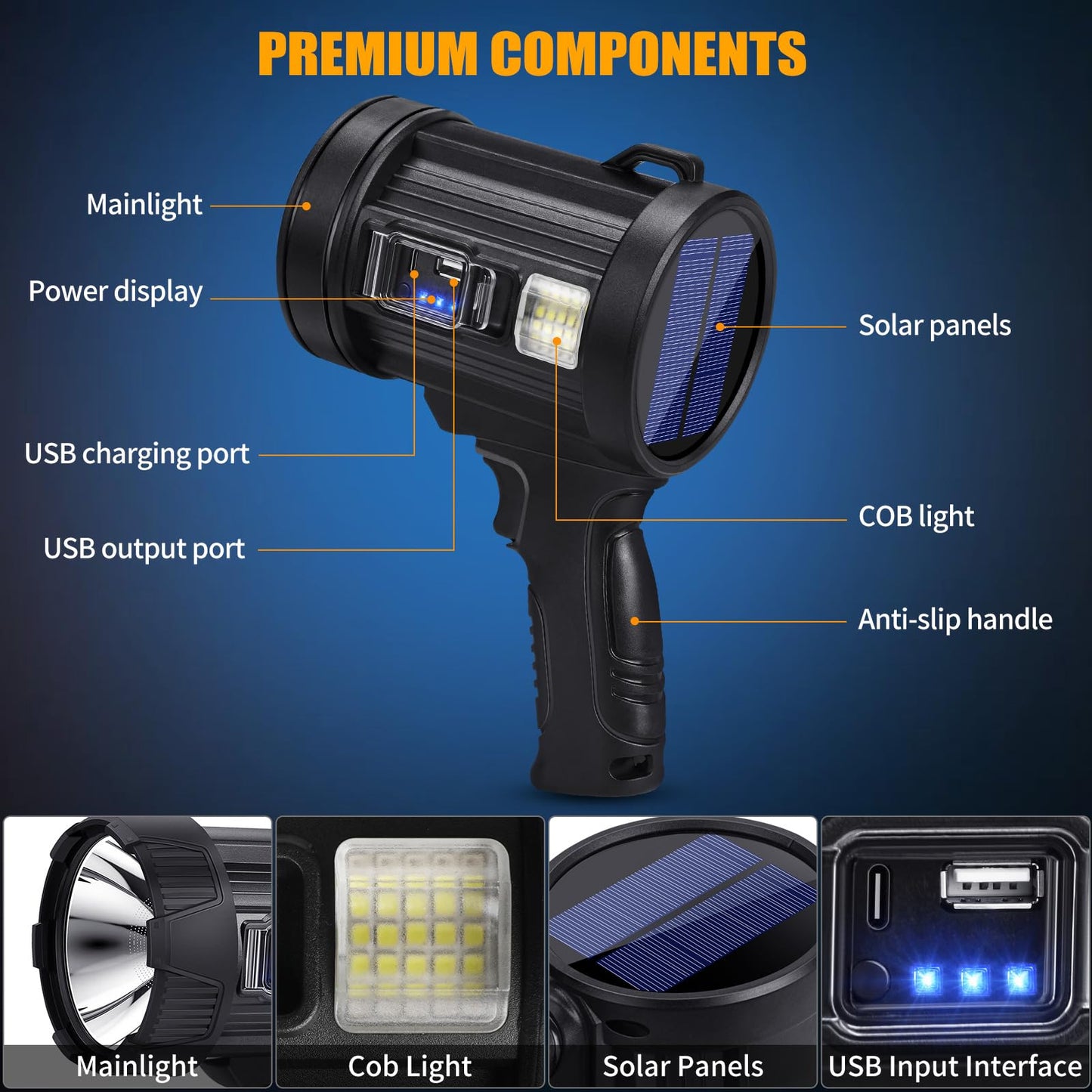 Rechargeable Spotlight, 2000000 LM Super Bright Spotlight Flashlight, Long Running Spot Light Searchlight, Outdoor Handheld LED Flashlight High Lumens with Solar Panels for Hunting Camping Boat