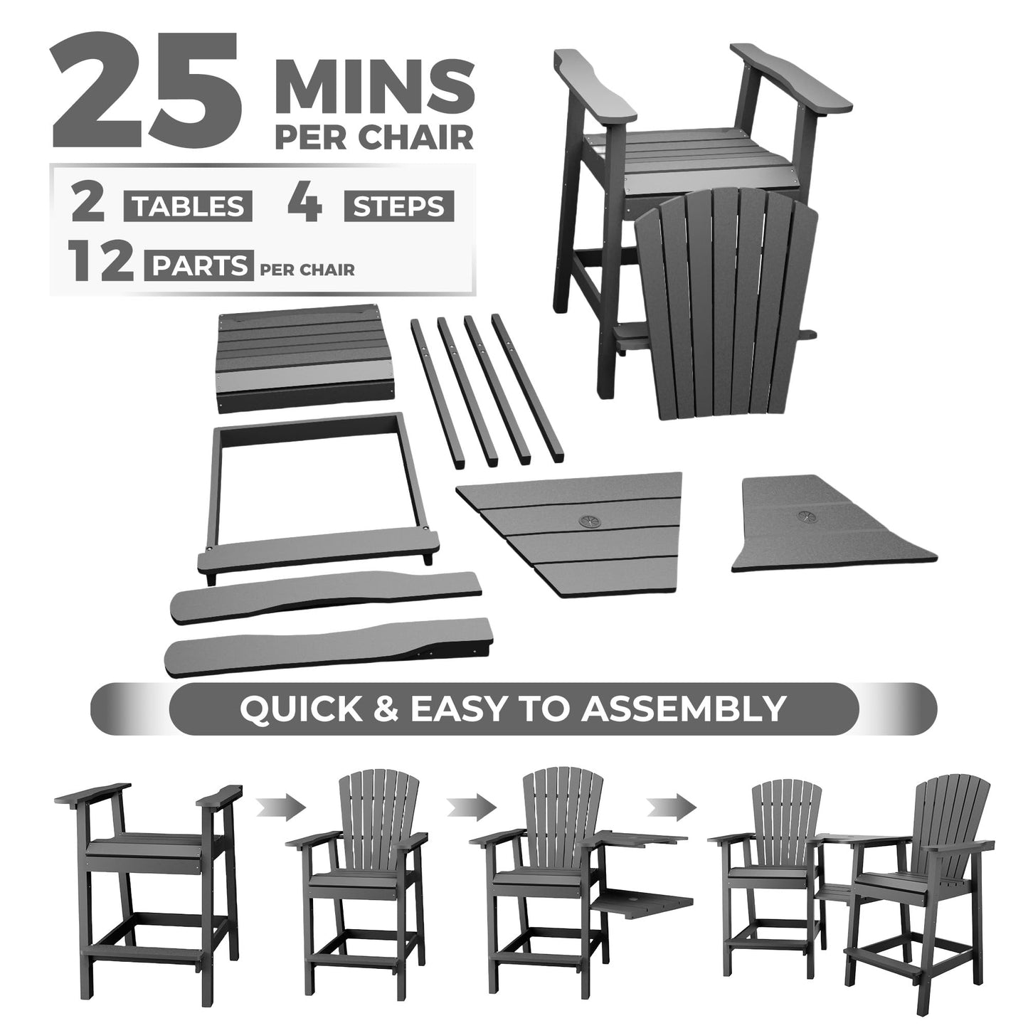 GAOMON Tall Adirondack Chairs Set of 2, Recycled HDPE Bar Height Patio Chairs with 2 Removable Connecting Trays & Umbrella Hole, Heavy Duty Outdoor Furniture for Deck, Backyard, Garden, Balcony, Grey