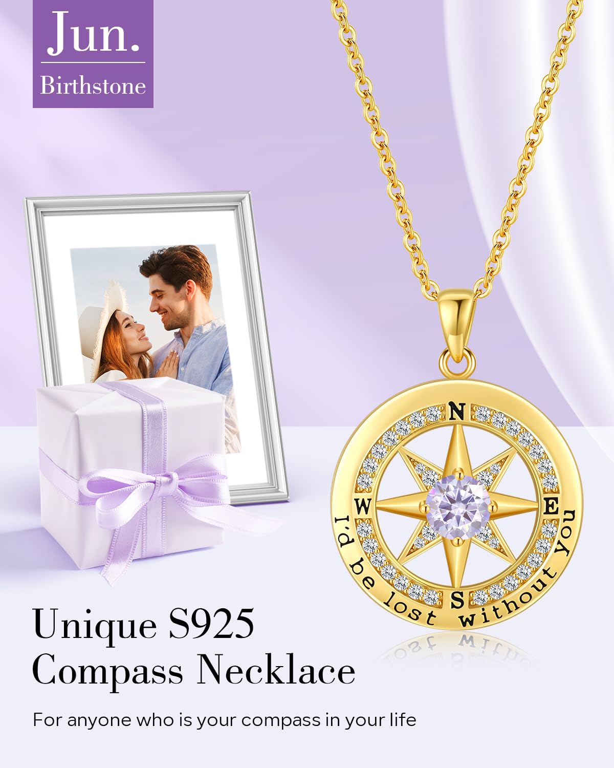 S925 Necklace Gift for Wife |Compass Jewelry |Women Anniversary |Sterling Silver |Girlfriend Birthday Necklaces for Her Valentines |I'd be Lost without You |Jewel 18K Gold June 06
