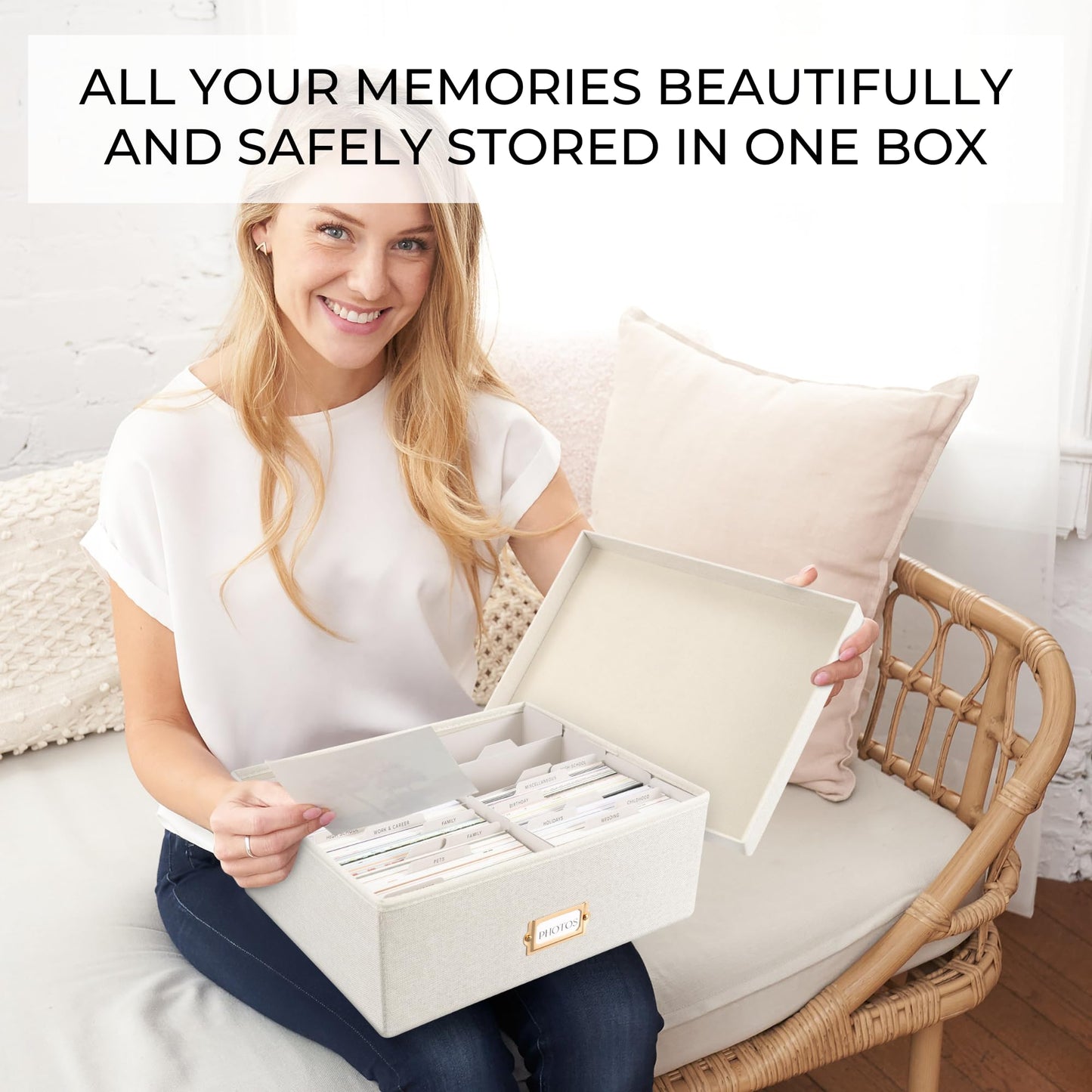ZICOTO Decorative Photo Storage Box - Sturdy Linen Photo Organizer with Dividers is Perfect to Store up to 1700 Pictures and 4x6 Photos - Portable Scrapbook Storage Containers with Lid
