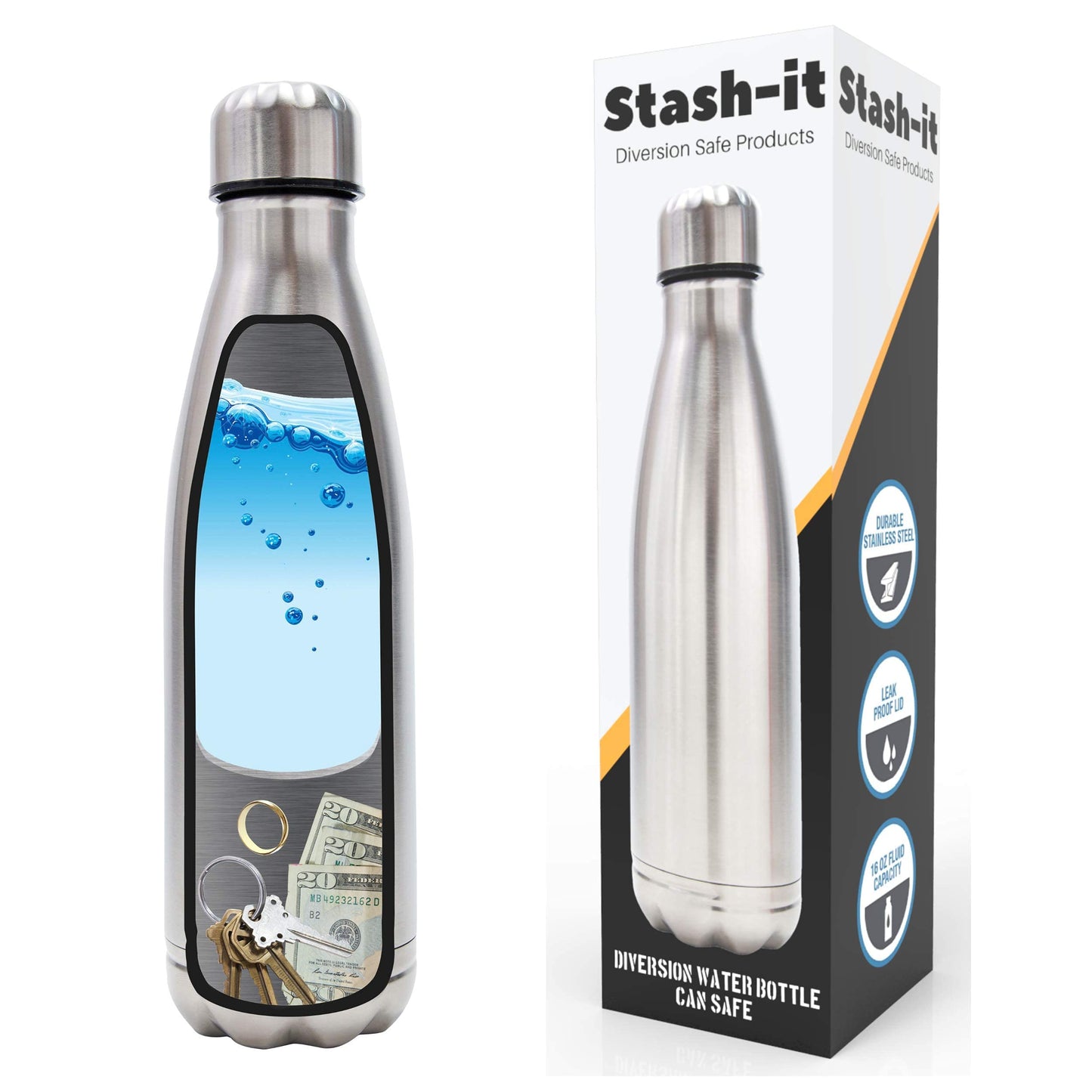 Diversion Water Bottle Safe, Stainless Steel Tumbler with Hidden Compartment, Real Functional Leak Proof Bottle to Hide Cash, Jewelry, Keys and Valuables in Plain Sight for Travel, Home, Beach, Gym
