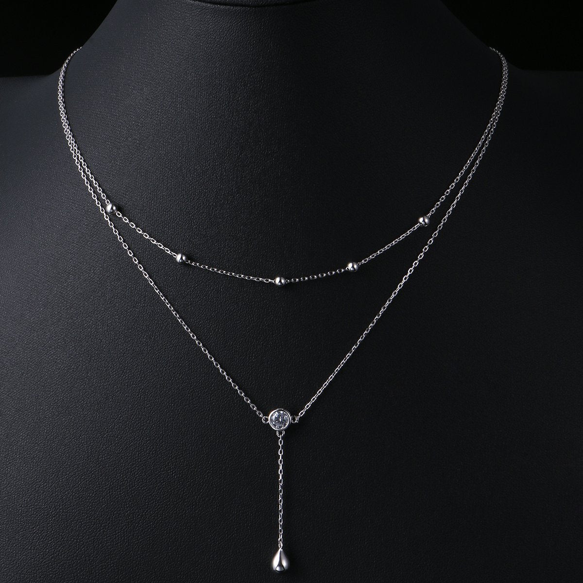 FLYOW Layered Necklace S925 Sterling Silver Teardrop Double Choker Y Lariat Long Necklace Mothers Day Birthday Gifts for Women