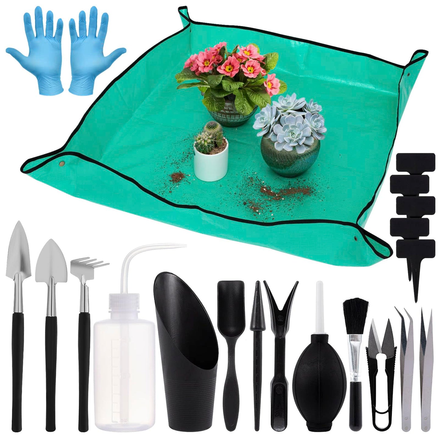 20pcs Small Gardening Tools Gifts for Women Beginners - Garden Hand Tools Set for Indoor Succulent Bonsai Plants Transplanting, Included 39.4" Plant Repotting Mat/Miniature Shovel/Labels, Green