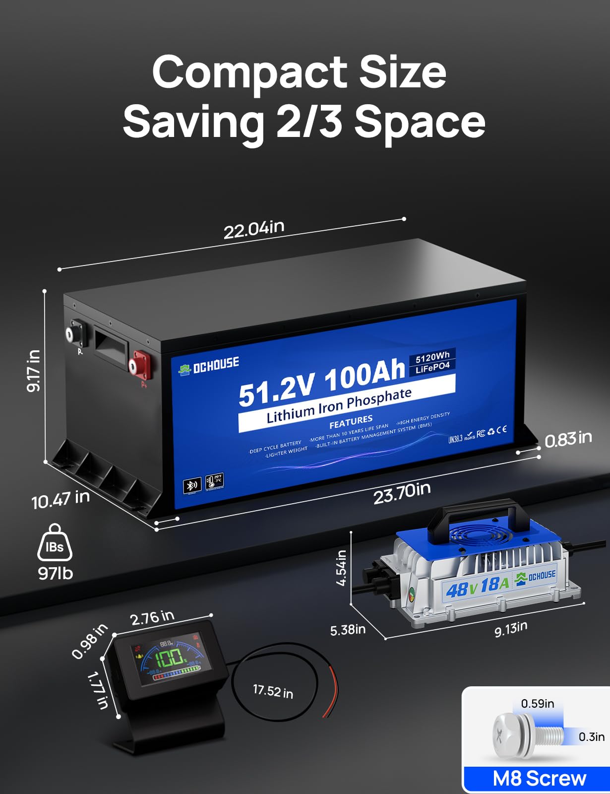 DC HOUSE Metal Case 48V 100Ah Pro Lithium Golf Cart Battery, 200A BMS Lifepo4 Battery with 48V 18A Charger, Bluetooth Mobile APP & LCD Monitor, Peak Current 700A