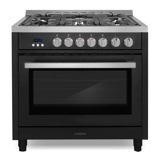 COSMO COS-965AGFC-BKS 36 in. Nebula Collection 3.8 cu. ft. Gas Range, 5 Burners, Rapid Convection Oven, Cast Iron Grates in Matte Black