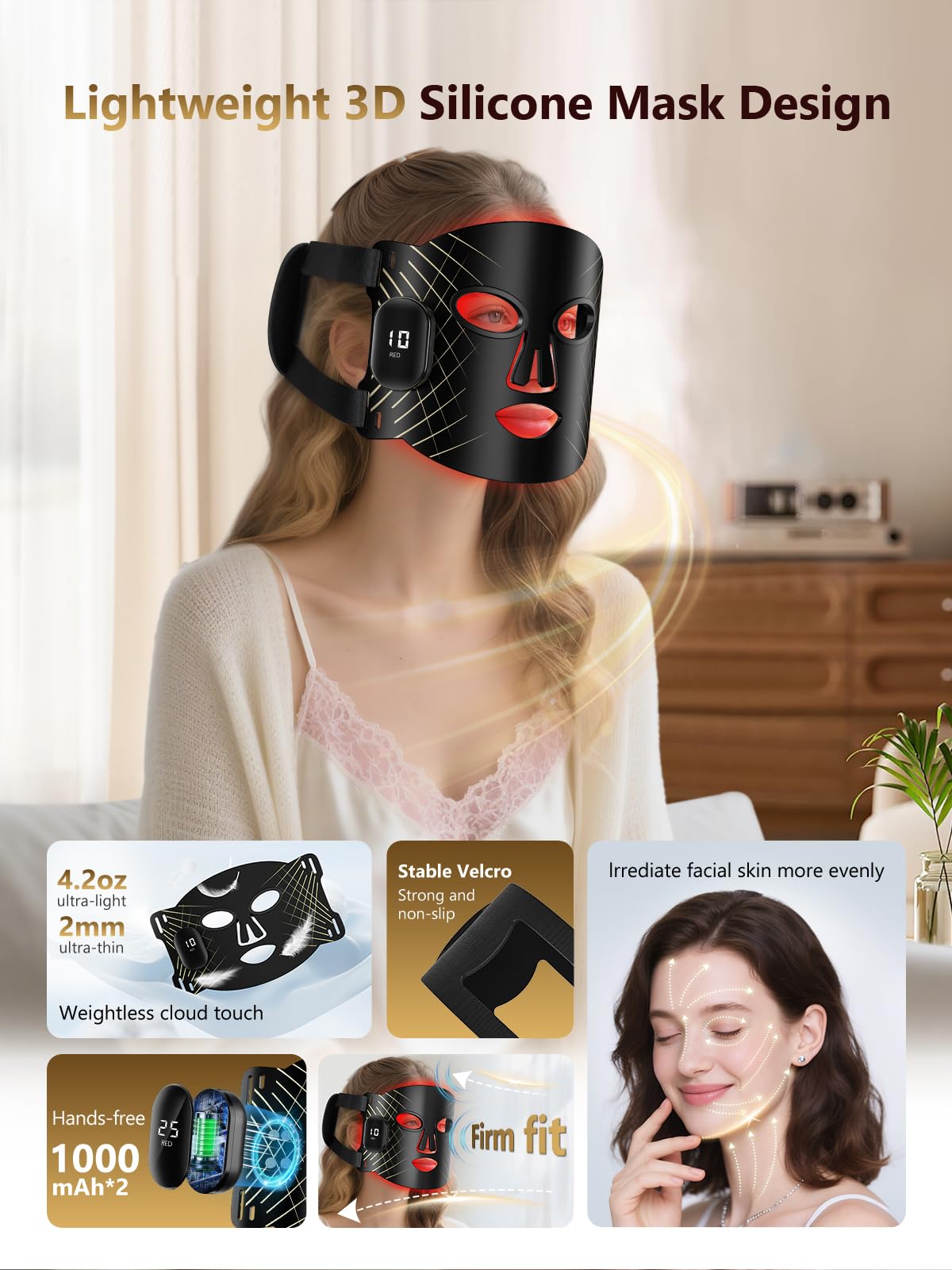 Red Light Therapy for Face, 4 Modes Cordless Face Mask Light Therapy, 2000mAh Rechargeable & 400 LEDs Infrared & Red Light Masks, Facial Fit, Led Light Therapy Skin Care at Home（Black）