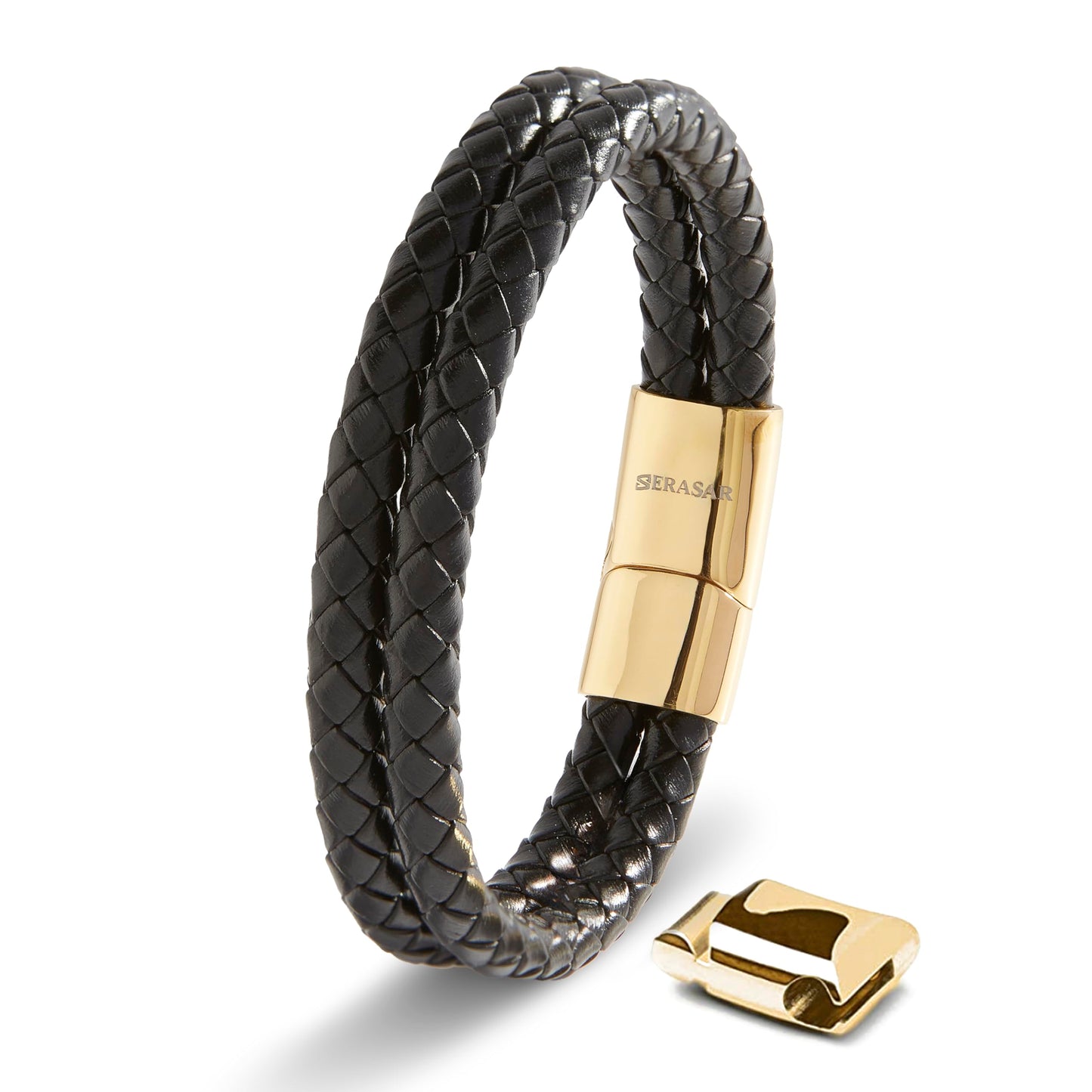 SERASAR Mens Leather Bracelet 17cm Gold Men Gift Box Genuine Cowhide Braided Adjust Able Magnetic Clasp Multi Layer Wrap Rope Man Mans Male Band Jewelry Magnet Accessories
