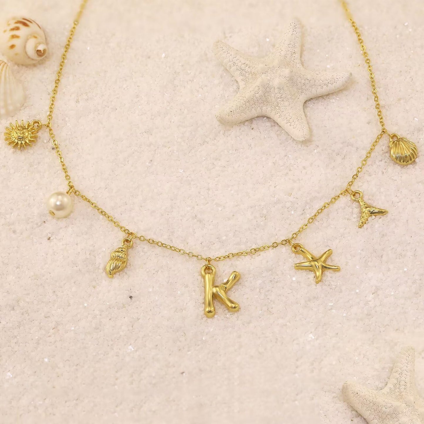 JALZEMPL Initial Charm Necklace For Women Shell Seashell Summer Beach Letter 14K Gold Plated Pendant Starfish Surfer Boho Jewelry Gifts (P)