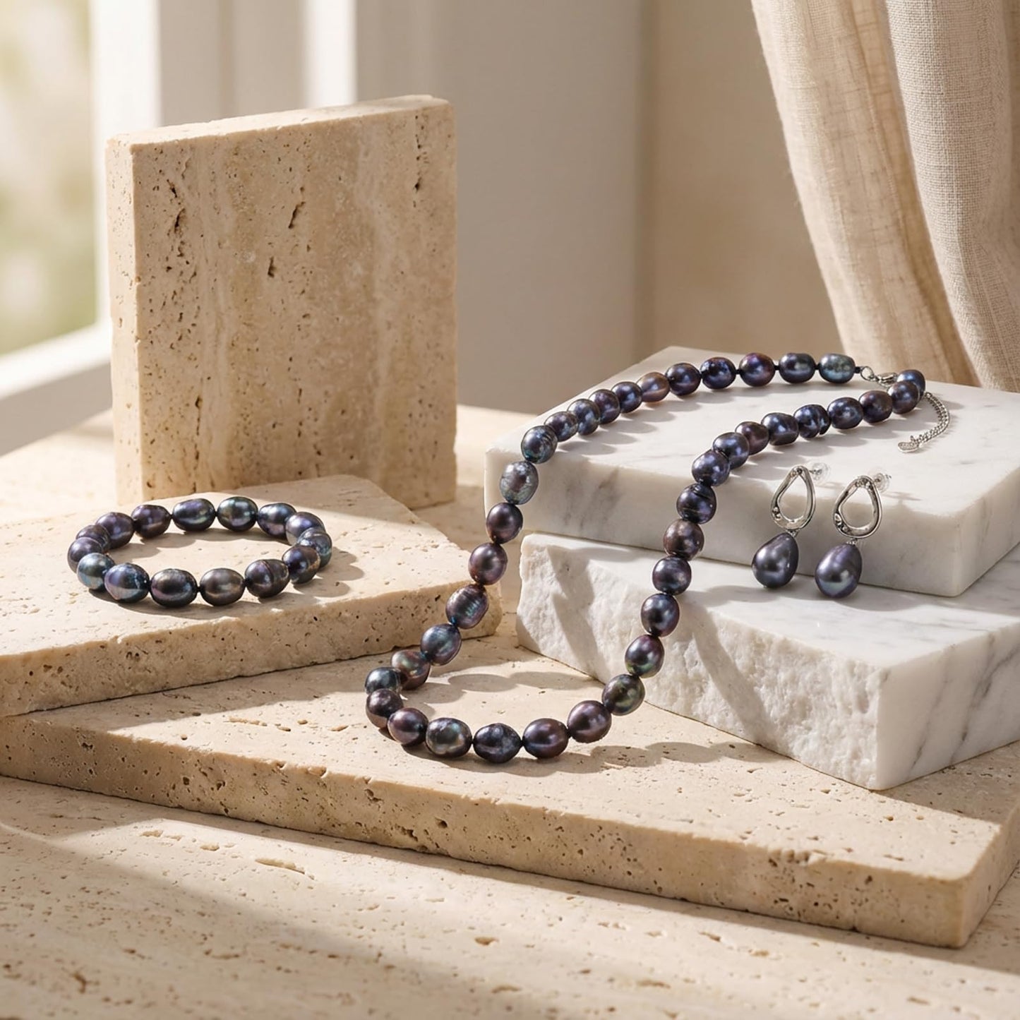 BAMIKI Tahitian Pearl Jewelry Set for Women, Baroque Saltwater Cultured Black Pearl Necklace Bracelet Earrings Set 8.5-9mm, 925 Sterling Silver Clasp, Gift for Birthday Anniversary Mother's Day