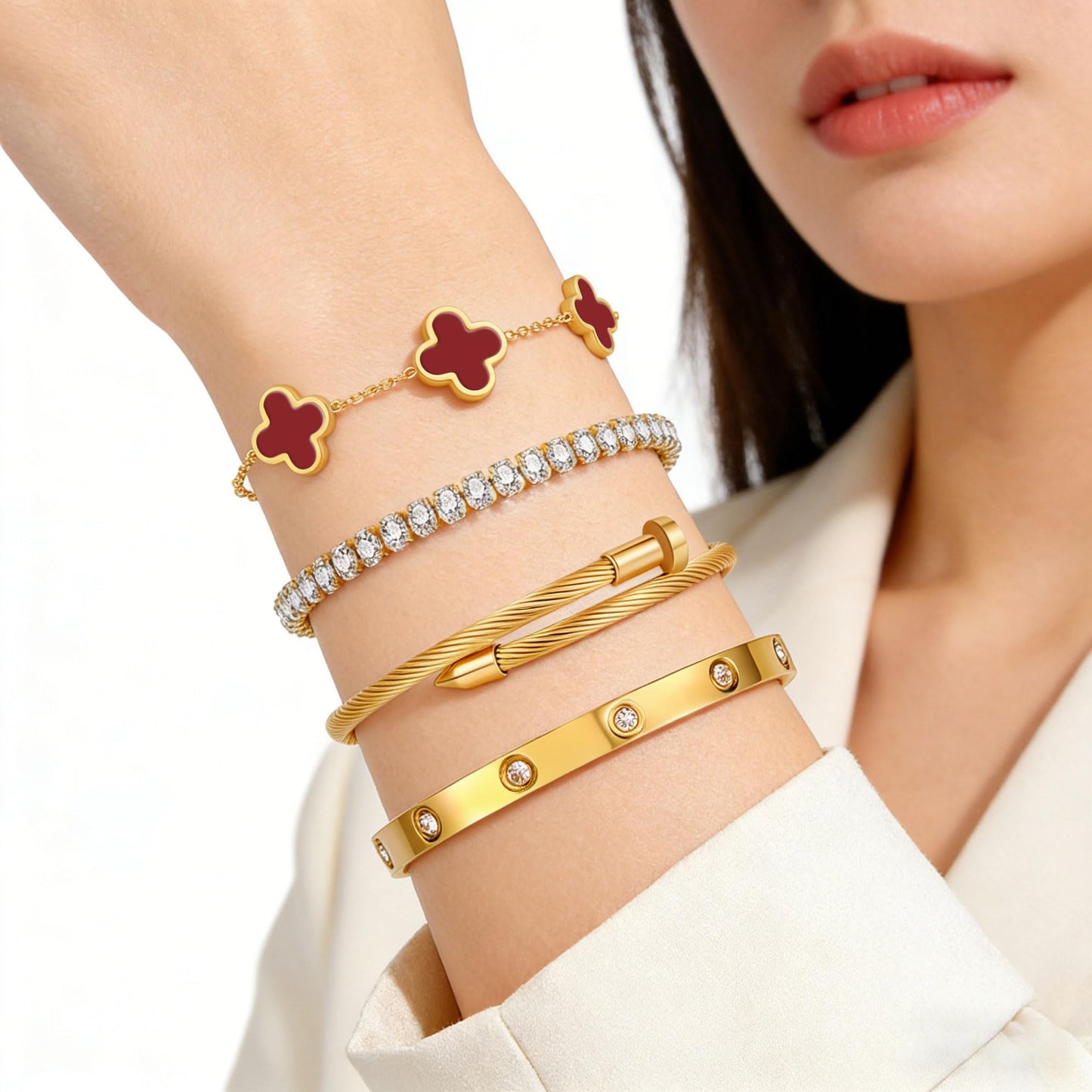 Gold Bracelets for Women, 18K Gold Plated Women Tennis Bracelets Clover Nail Love Bangle Bracelet Set, Gold Bracelet Stackable Set Trendy Jewelry, Gifts for Women's Day and Mother's Day (12-Color- 4 Red)