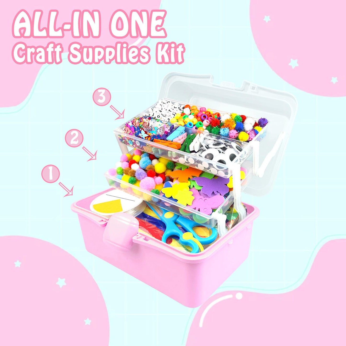 3000Pcs Arts and Crafts Supplies for Kids Craft Kits with Pipe Cleaners Crafting Supply All in 3 Layered Craft Box DIY Crafts for Kids Ages 4-8 8-12 Homeschool Supplies Toys Gifts for Girls & Boys