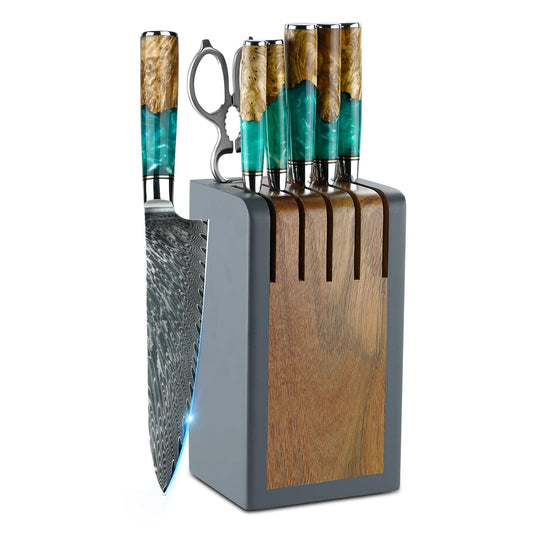 7-Piece Damascus Knife Block Sets, Damascus Knife Set for Professional Chefs, Cutlery Kitchen Scissors and Knives, Premium Razor Sharp Professional Chef Knife with Kitchen Shears and Block Set