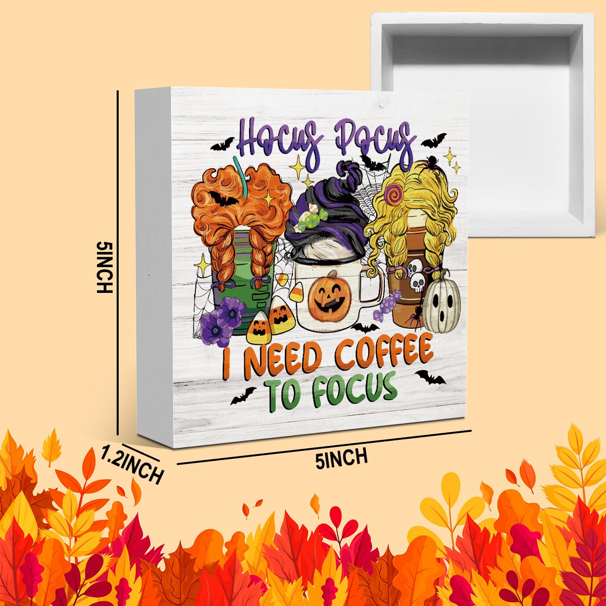 Halloween Coffee Decor Gifts for Women Sister Hocus Pocus Halloween Wood Decorations Sign for Home Farmhouse Office Bathroom Desk Shelf 5 x 5 Inches