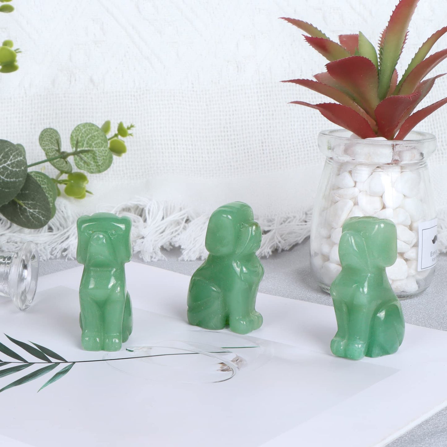 Artistone 2" Green Aventurine Dog Crystal Animals Figurine Carved Jade Stone Puppy Dog Statue Sculpture Craft Home Decorations