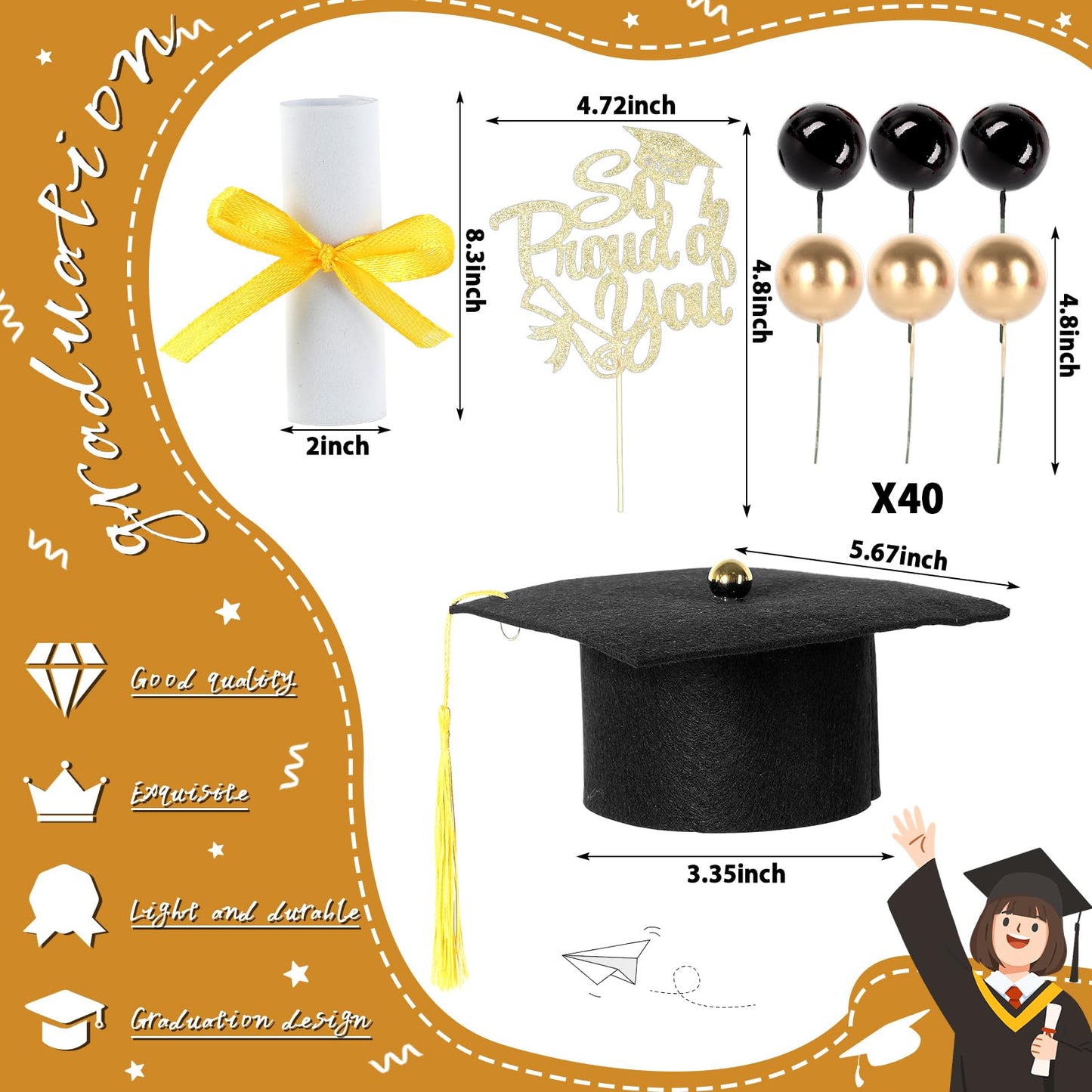 43Pcs Graduation Cake Kit Included Felt Grad Cap with Tassel Gold Black Balls Graduations Party Supplies So Proud of You Cupcake Topper for Congrats Senior High School College Parties Decor(Gold)