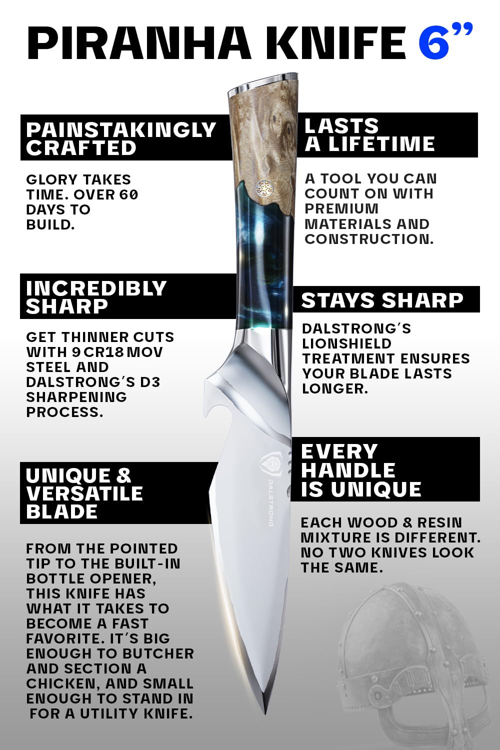 Dalstrong BBQ Piranha Knife - 6 inch - Valhalla Series - 9CR18MOV HC Steel - Celestial Resin & Wood Handle Gift Knife - Built-in Bottle Opener - Meat Cutting, Carving, Bone, Trimming - Leather Sheath