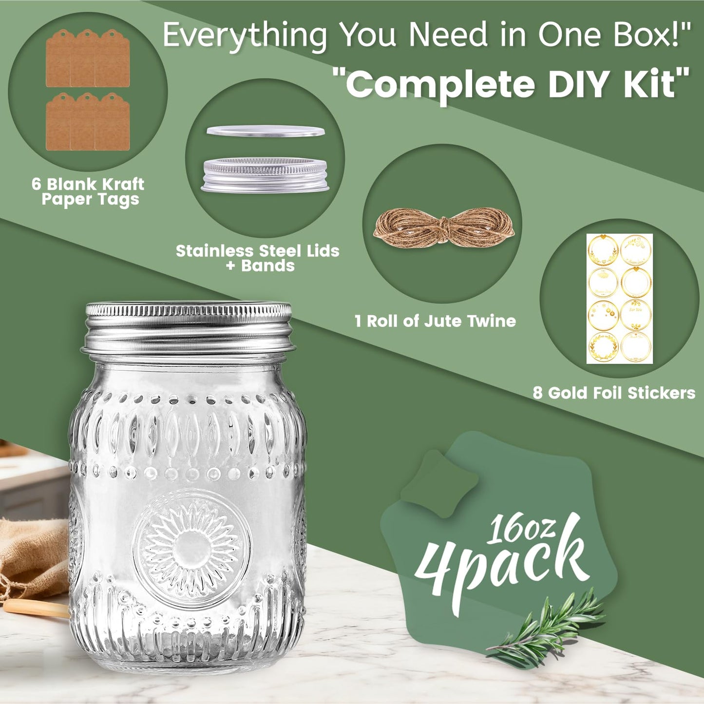 16oz Mason Jars with Airtight Rust-Proof 304 Stainless Steel Lids and Bands, 4 Pack with Elegant Sunflower Embossing, Pint Glass Jars for Meal Prep, Pickling, Overnight Oats, Dry Food & DIY Crafts