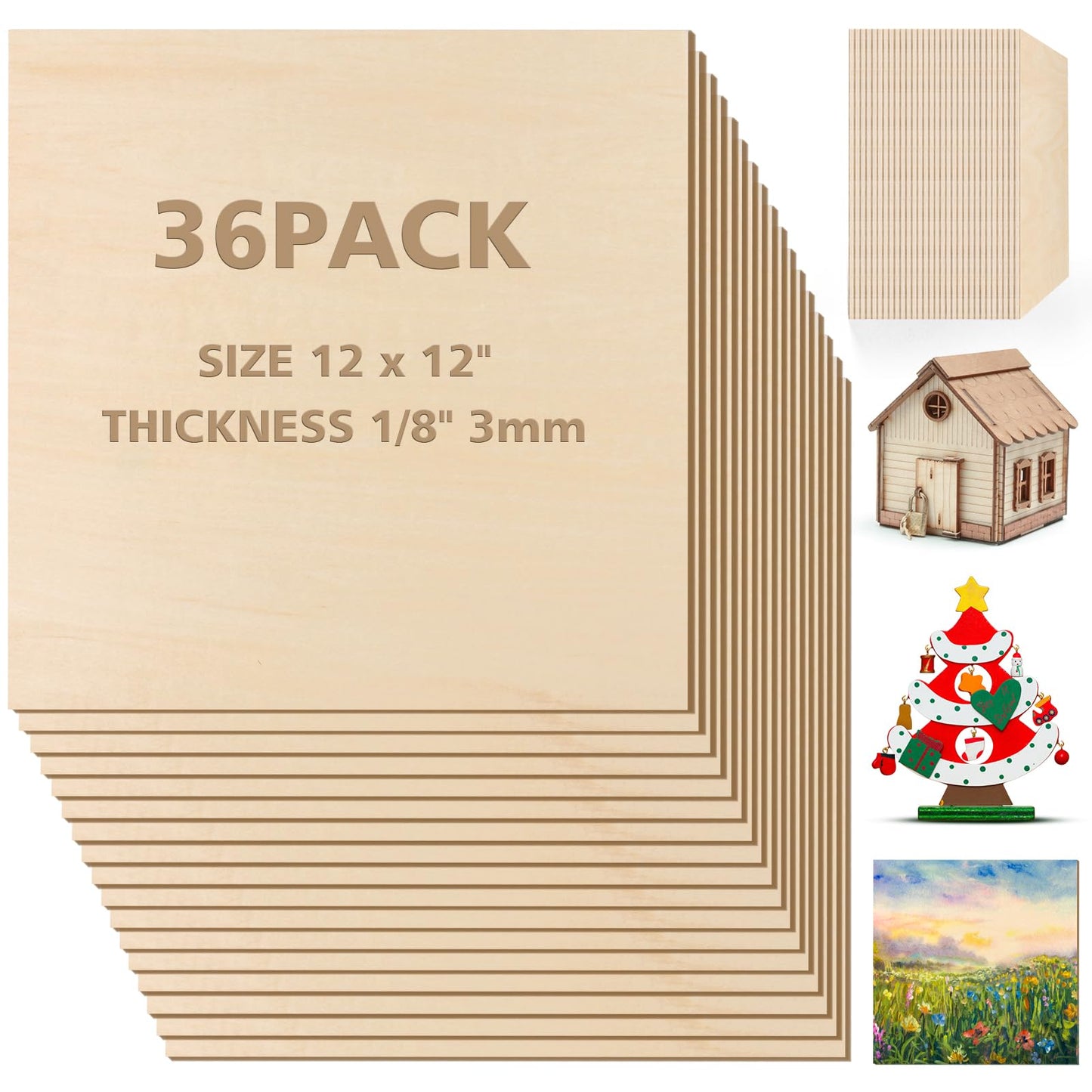 Adrattnay 36Pack Basswood Sheets 3mm - 1/8 x 12 x 12 Inch Unfinished Basswood Plywood for Laser Cutting, Engraving, Wood Burning, DIY Crafts, Architectural Models & Painting