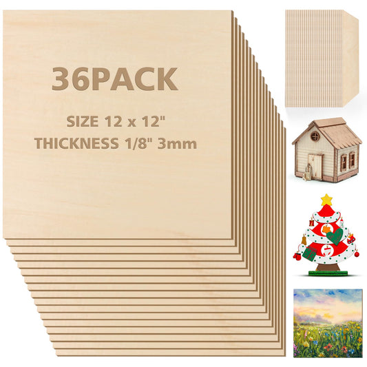 Adrattnay 36Pack Basswood Sheets 3mm - 1/8 x 12 x 12 Inch Unfinished Basswood Plywood for Laser Cutting, Engraving, Wood Burning, DIY Crafts, Architectural Models & Painting