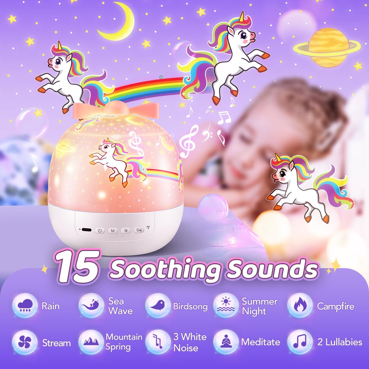Pikoy Unicorn Toys for Girls Gifts, 15 Films+15 Lullaby Sound Machine for Kids Night Light Projector, Remote+Rechargeable Night Light for Kids Gifts, 360 °Rotation Princess Mermaid Toddler Girl Toys