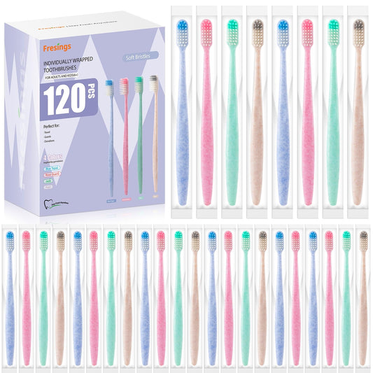 Fresings 120-Pack Disposable Toothbrushes Individually Wrapped, Soft PBT Bristle Bulk Travel Manual Toothbrushes for Adults & Kids, Guest Bathroom, Hotel, Camping, Donation – 4 Gemstone Colors