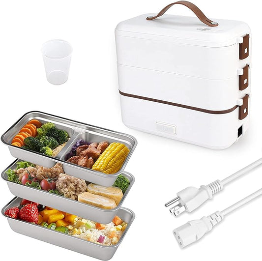 Self Cooking Electric Lunch Box, Portable Food Warmer for On-the-Go, 3 Layers 800ML Slow Cooker Heated Lunch Box for Home Office Travel Cook Food (ONLY THE WALL PLUG)