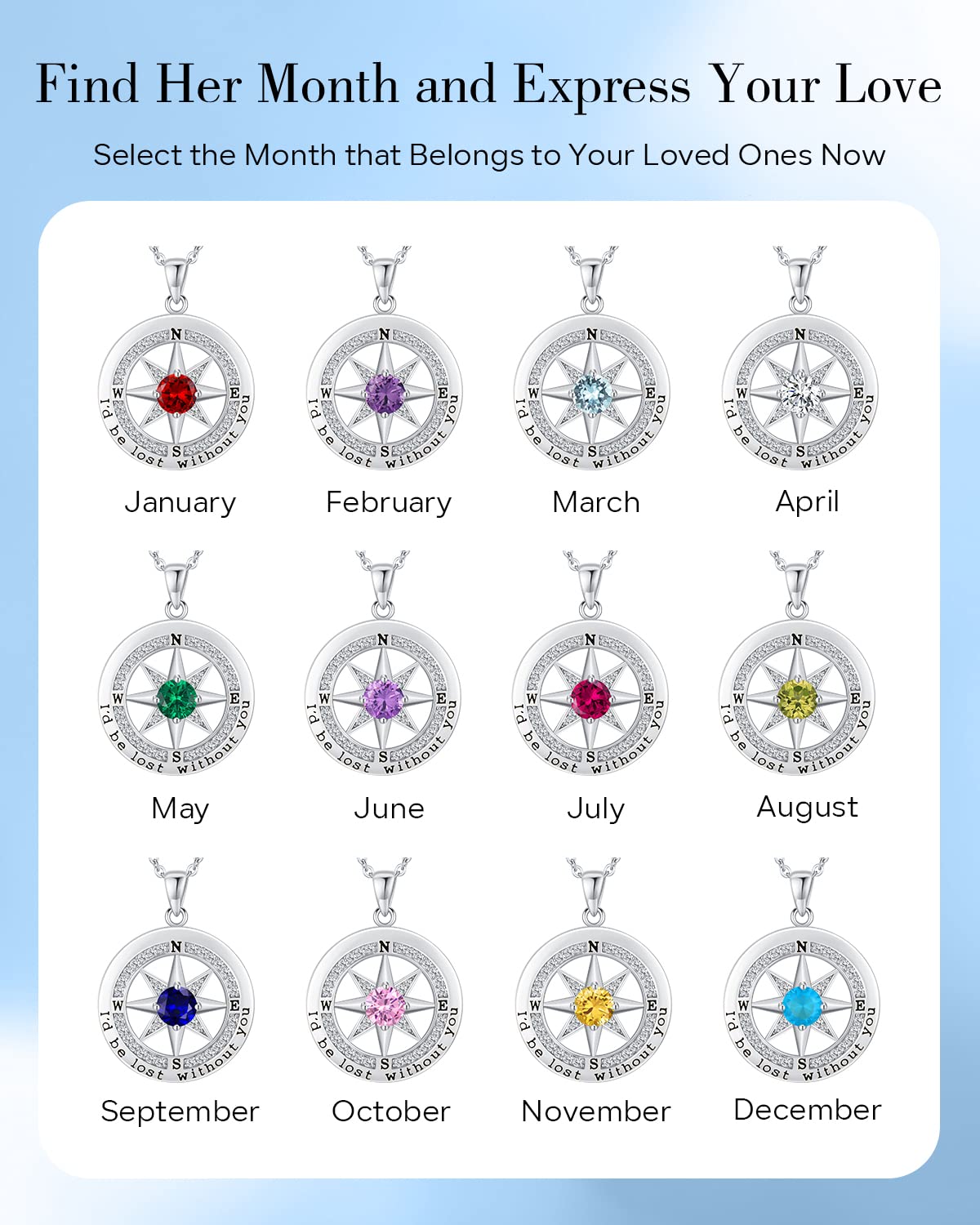 S925 Sterling Silver Necklace for Wife, Women Anniversary Year Gifts Compass Jewelry, Birthday Gift Ideas for Her Girlfriend Woman Necklaces, 18K White Gold September