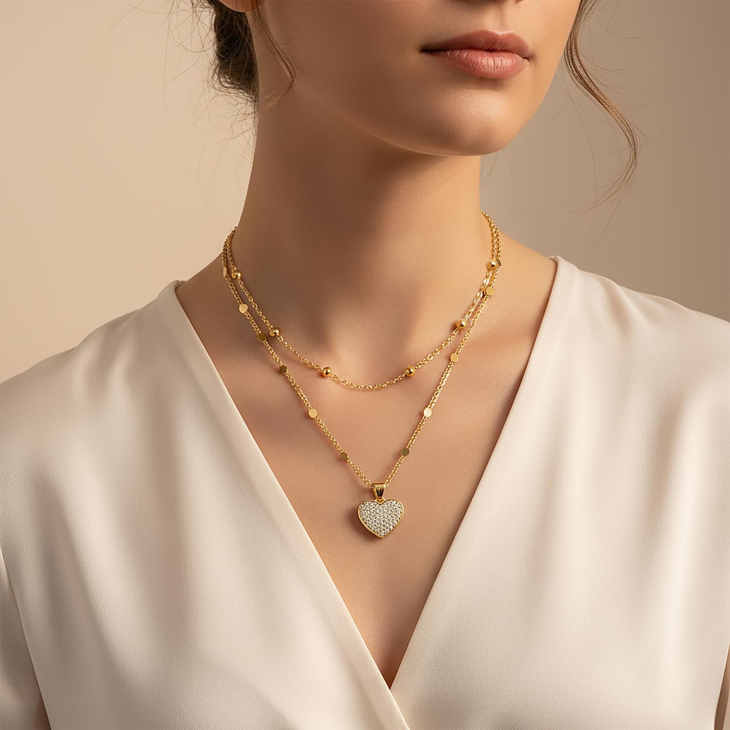 MEIITRUE Heart Necklaces for Women Trendy 14k Gold Plated Dainty Layered Necklace Set Cubic Zirconia Pendant Choker Personalized Beaded Chain Stackable Jewelry Gift