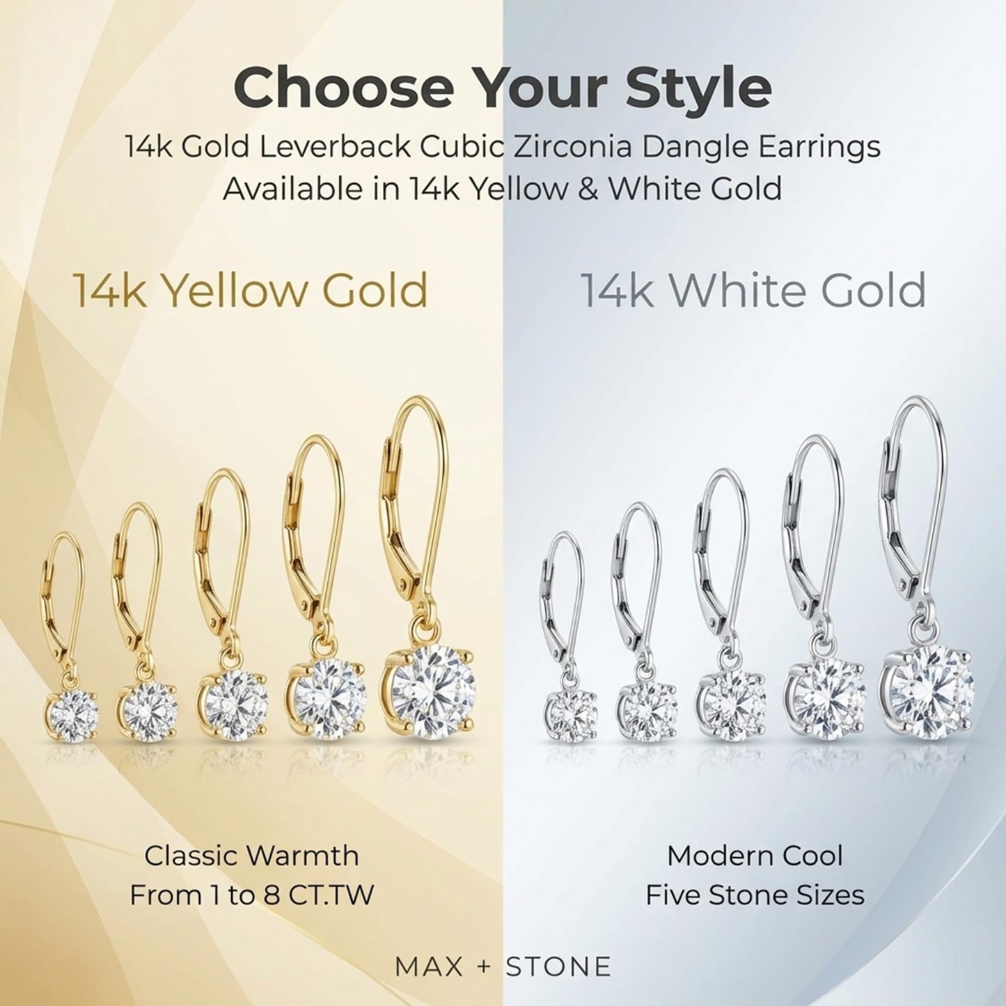 MAX + STONE 14k Gold Leverback Cubic Zirconia Dangle Earrings for Women | Real Yellow Gold Dangle Earrings | 2 CT.TW 14k Gold Earrings for Women | CZ Cubic Zirconia Drop Earrings
