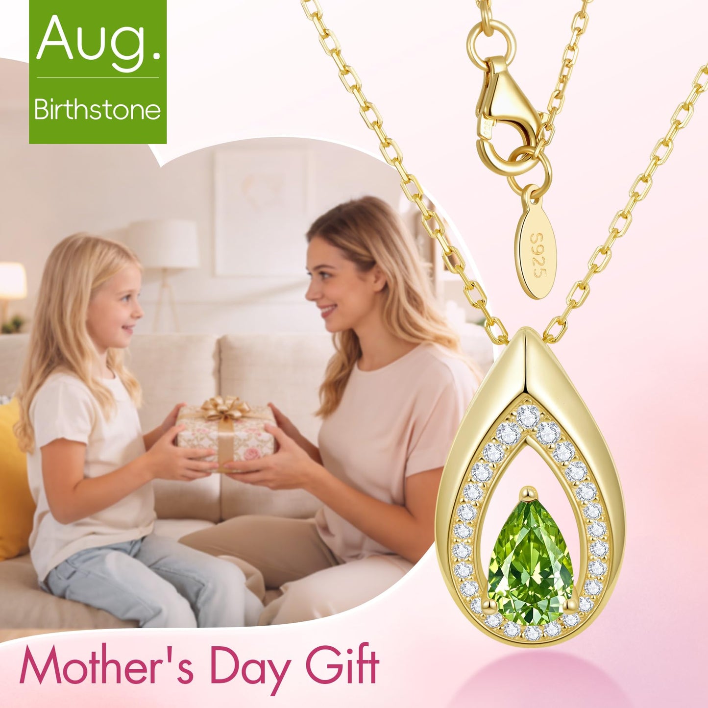 Kstyle 14k Gold Peridot August Birthstone Pendant Necklaces for Women Valentine's Day Birthday Gift Anniversary Jewelry for Wife Daughter Grandma Mom Sister Non Tarnish