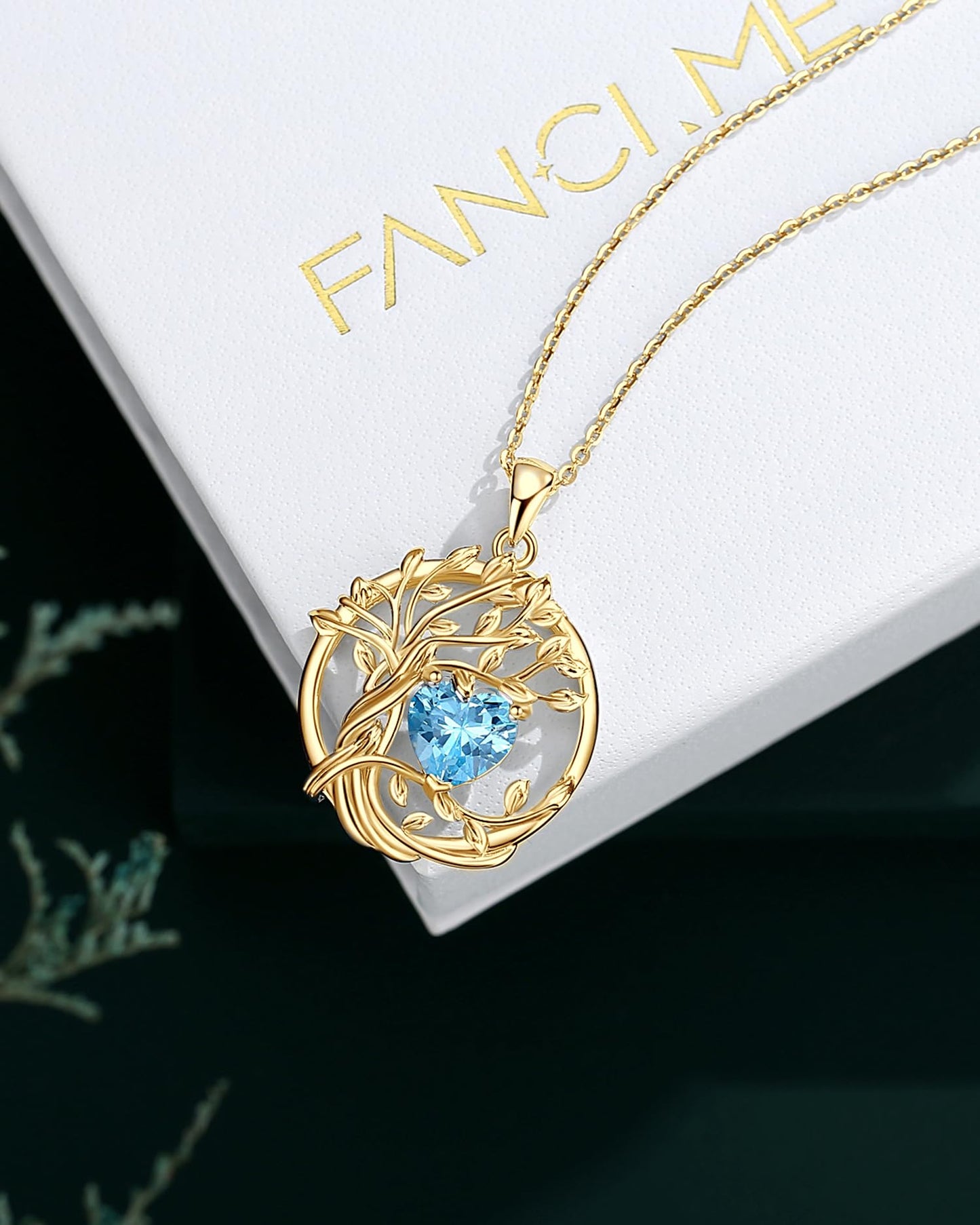 FANCIME Tree of life March Birthstone Necklace for Women Sterling Silver Yellow Gold Plated Jewelry Aquamarine Pendant Blue Gemstone Birthday Mothers Day Gifts for Wife Mom Her