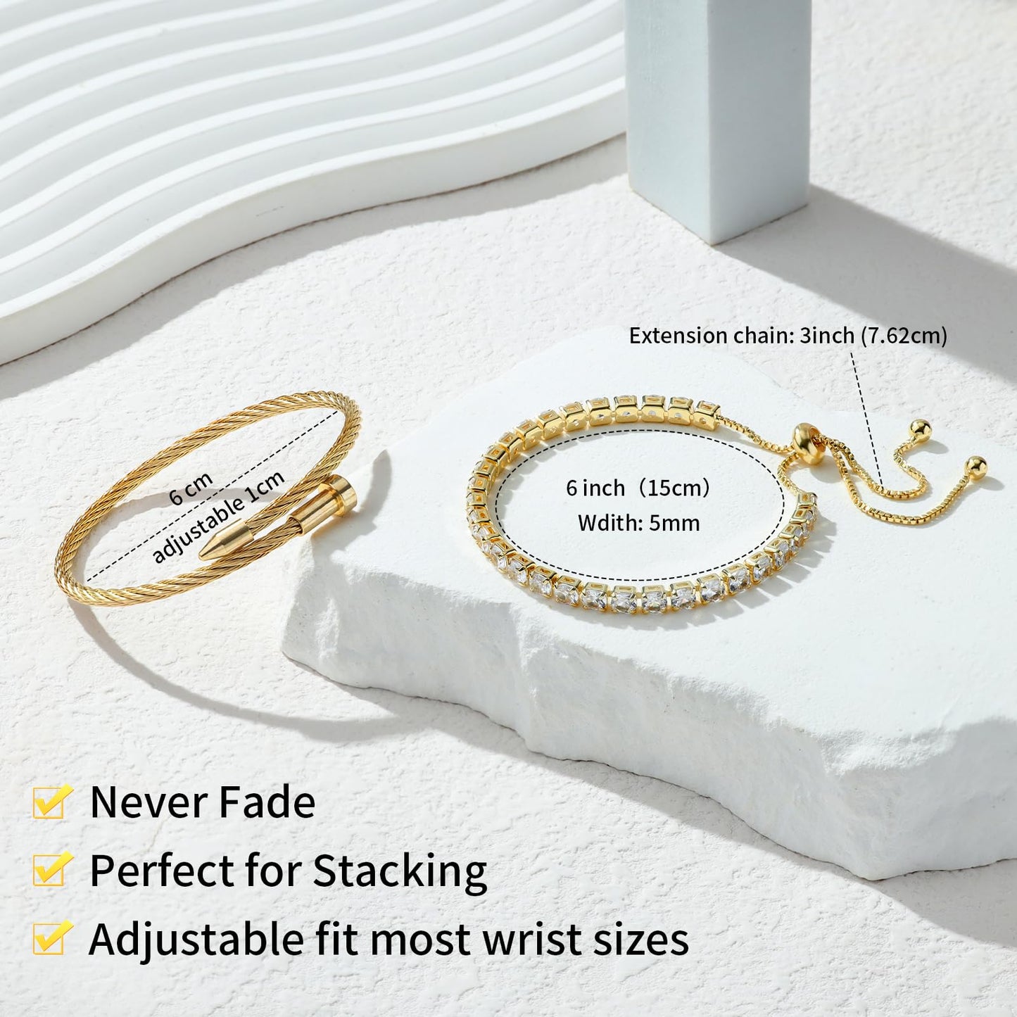 LCTrusttmor Gahna 18K Gold Plated Bangle Bracelet for Women, Non-Tarnish Stackable Nail Hand Chain Set, Dainty Adjustable Tennis Cubic Zirconia Bracelets for Women, Trendy Jewelry Mother's Day Birthday Gifts for Lover Mom Her