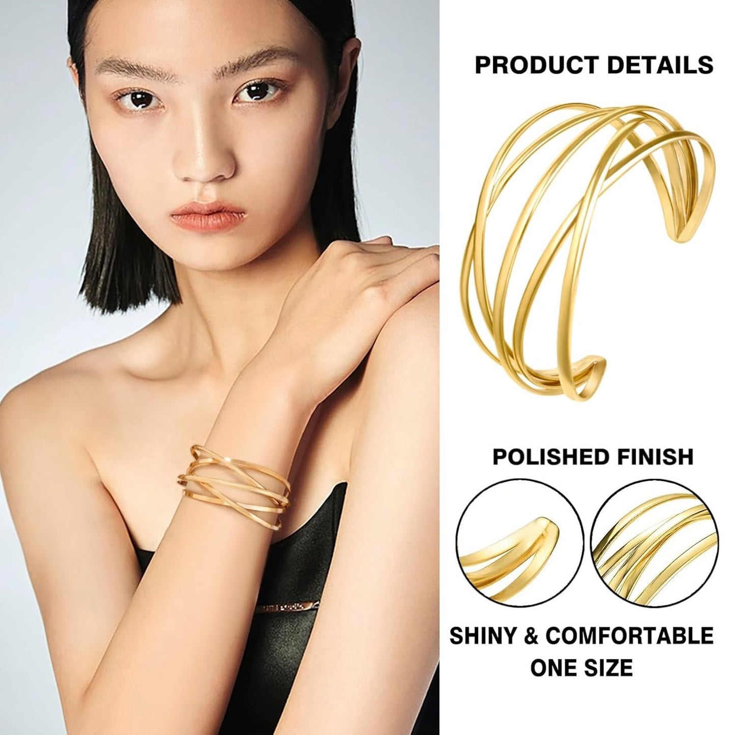SELFWIMG Gold Bangle Bracelets for Women 18K Gold Plated Chunky Cuff Bracelets Fashion Multi-layer Cross Wire Cuff Bangle Bracelet Open Wrist Trendy Jewelry Gifts