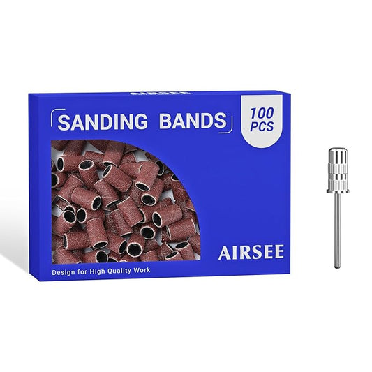 AIRSEE Sanding Bands for Electric Nail Drill 100 Piece Set 120 Grit Coarse Acrylic File Attachments Professional Sander 1 Mandrel Bit Beauty Salon Accessories Manicure and Pedicure Finger Callus Brown
