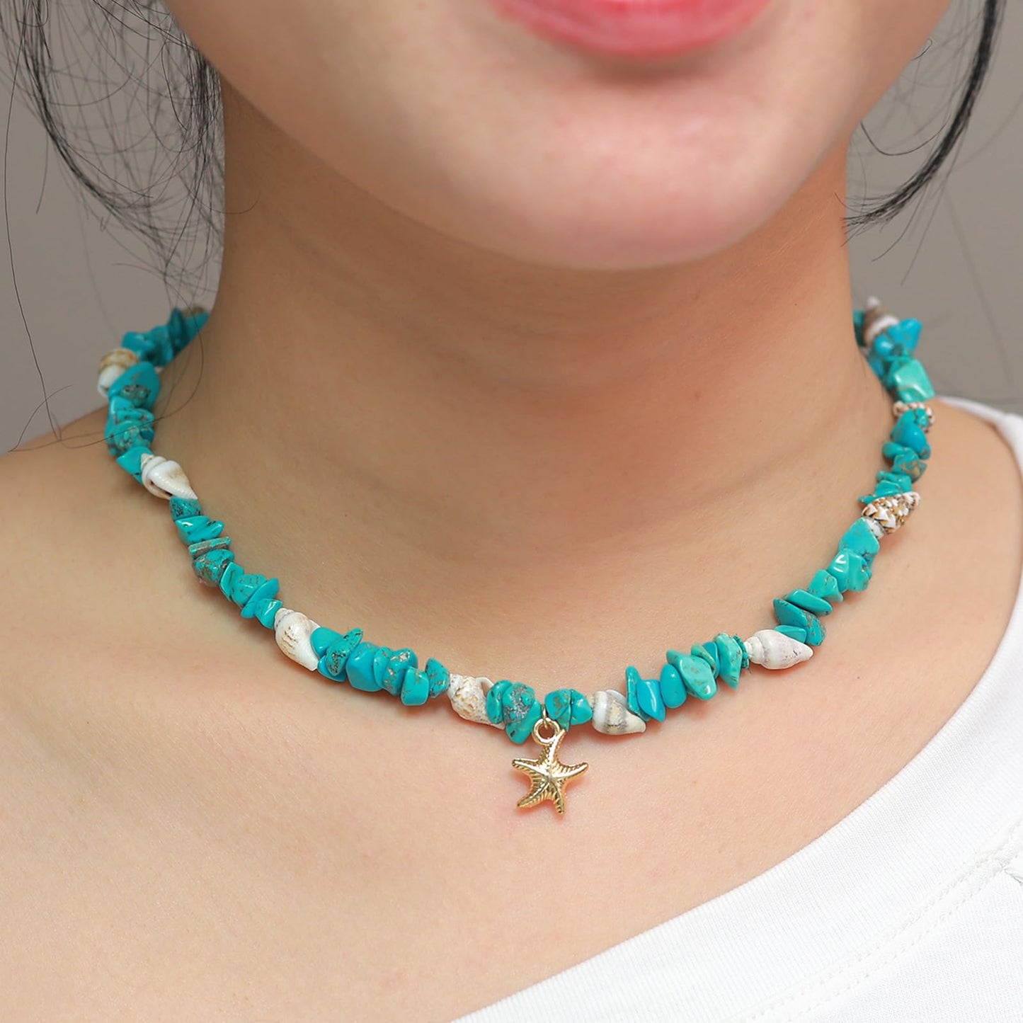 Starfish Turquoise Necklace for Women, 14K Gold Plated Dainty Starfish Turquoise Beaded Necklaces Handmade Beach Summer Boho Shell Ocean Choker Beachy Vacation Necklaces for Women Blue 16 Inches