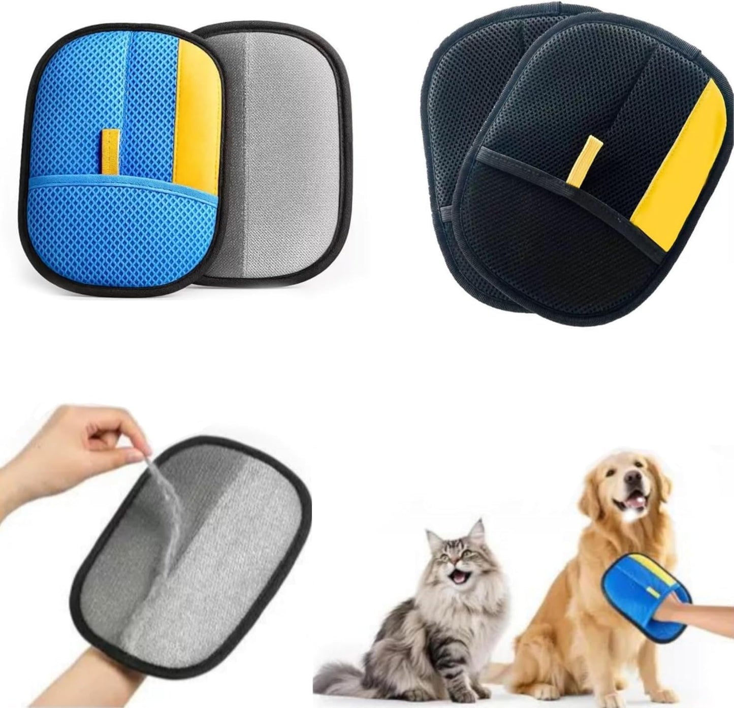 Pet Grooming Gloves 4 Pack (2 Blue & 2 Black) – Deshedding Brush Mitt for Dogs & Cats, Hair Remover, Bath Massage Glove, Reusable Pet Hair Remover for Shedding Fur